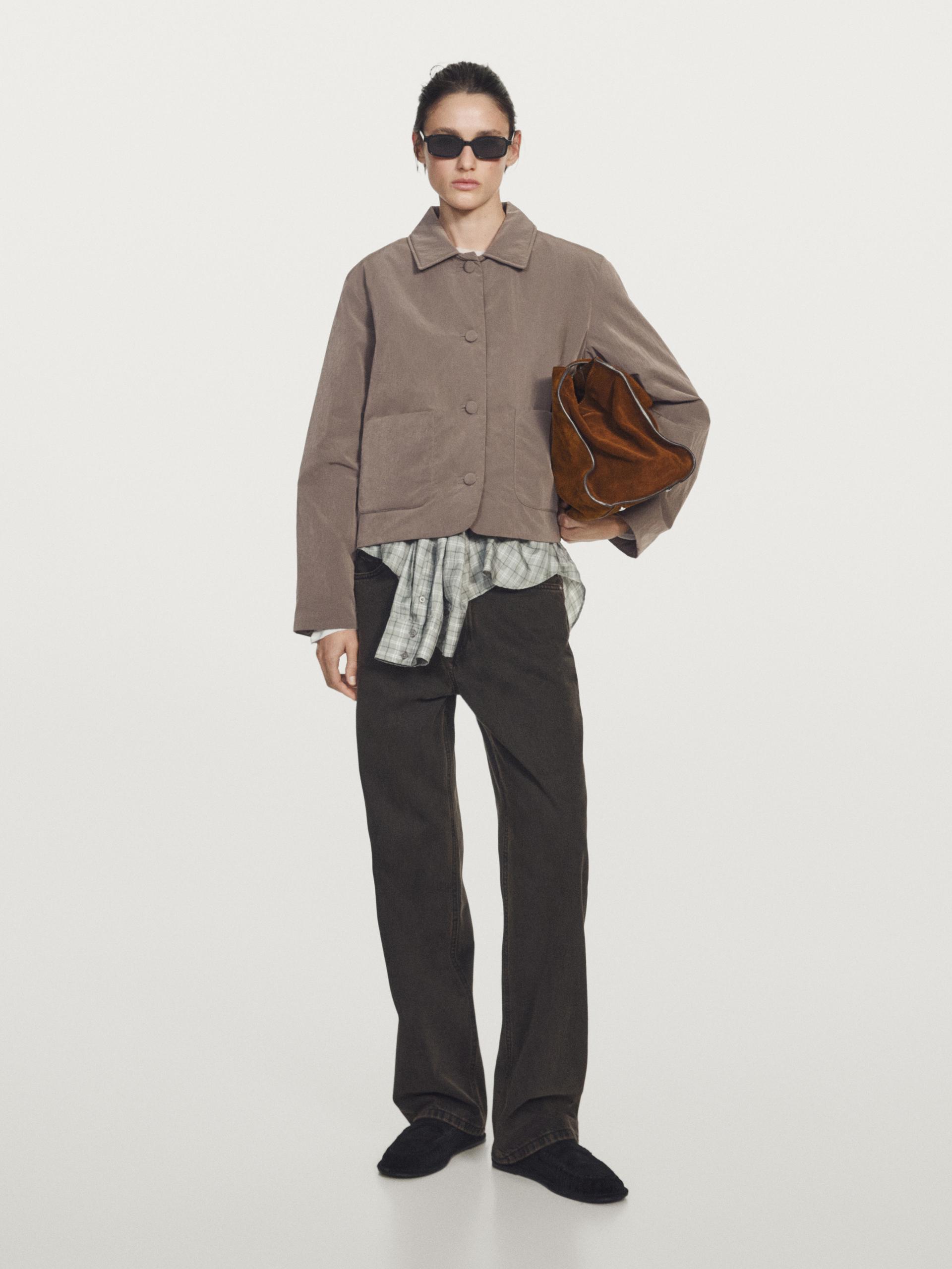 Krótka Wodoodporna Kurtka Pikowana - Szarobrązowy - S - Massimo Dutti - Kobieta