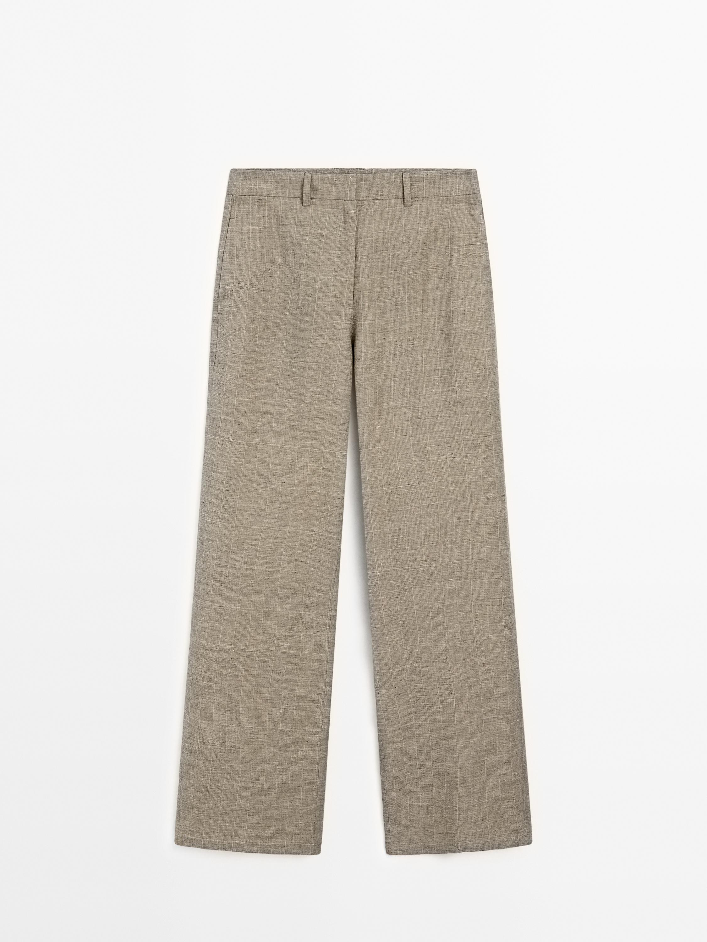 Check cotton blend straight-leg trousers