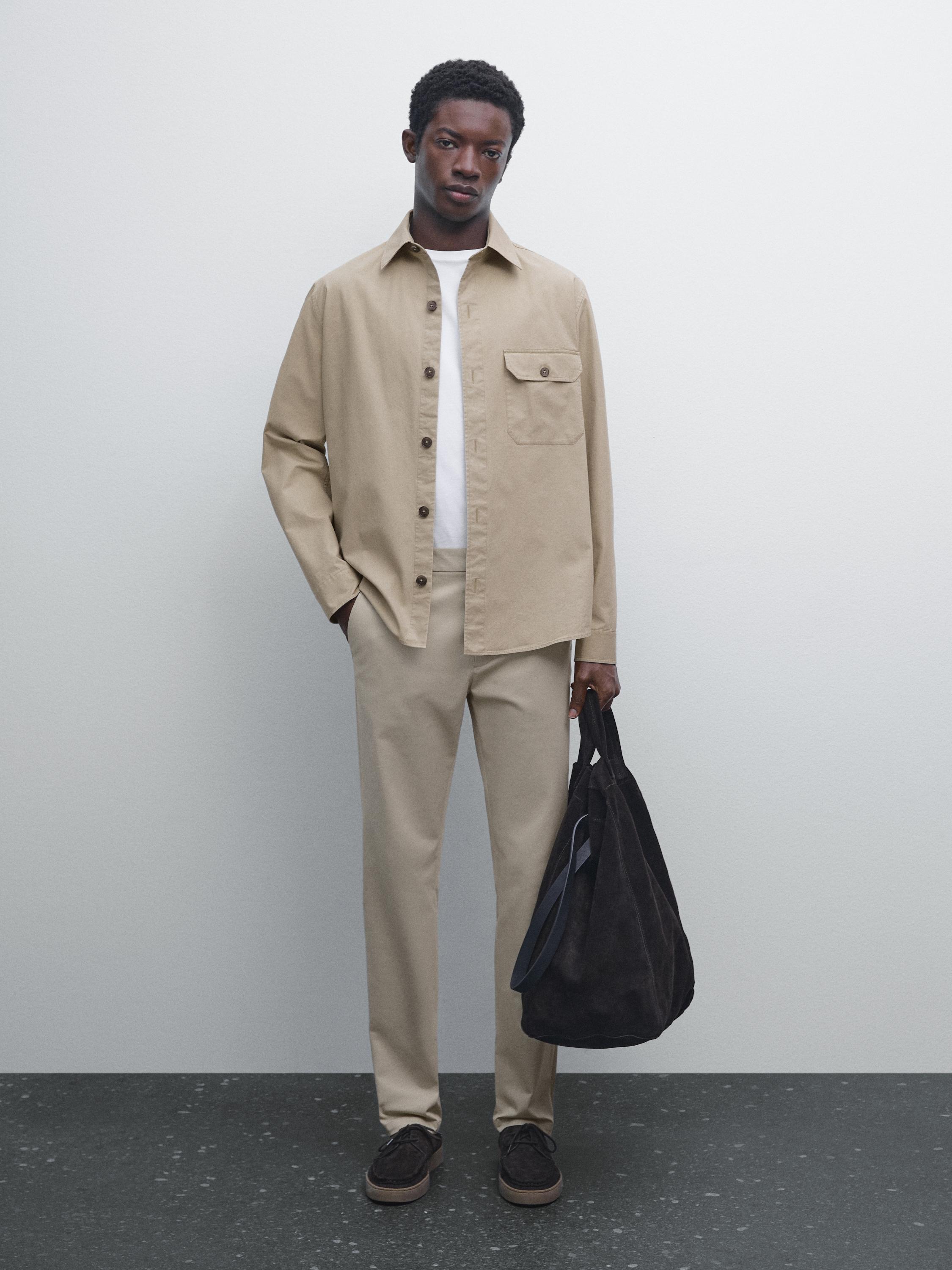 Cotton blend tapered fit trousers BEIGE - Main Image