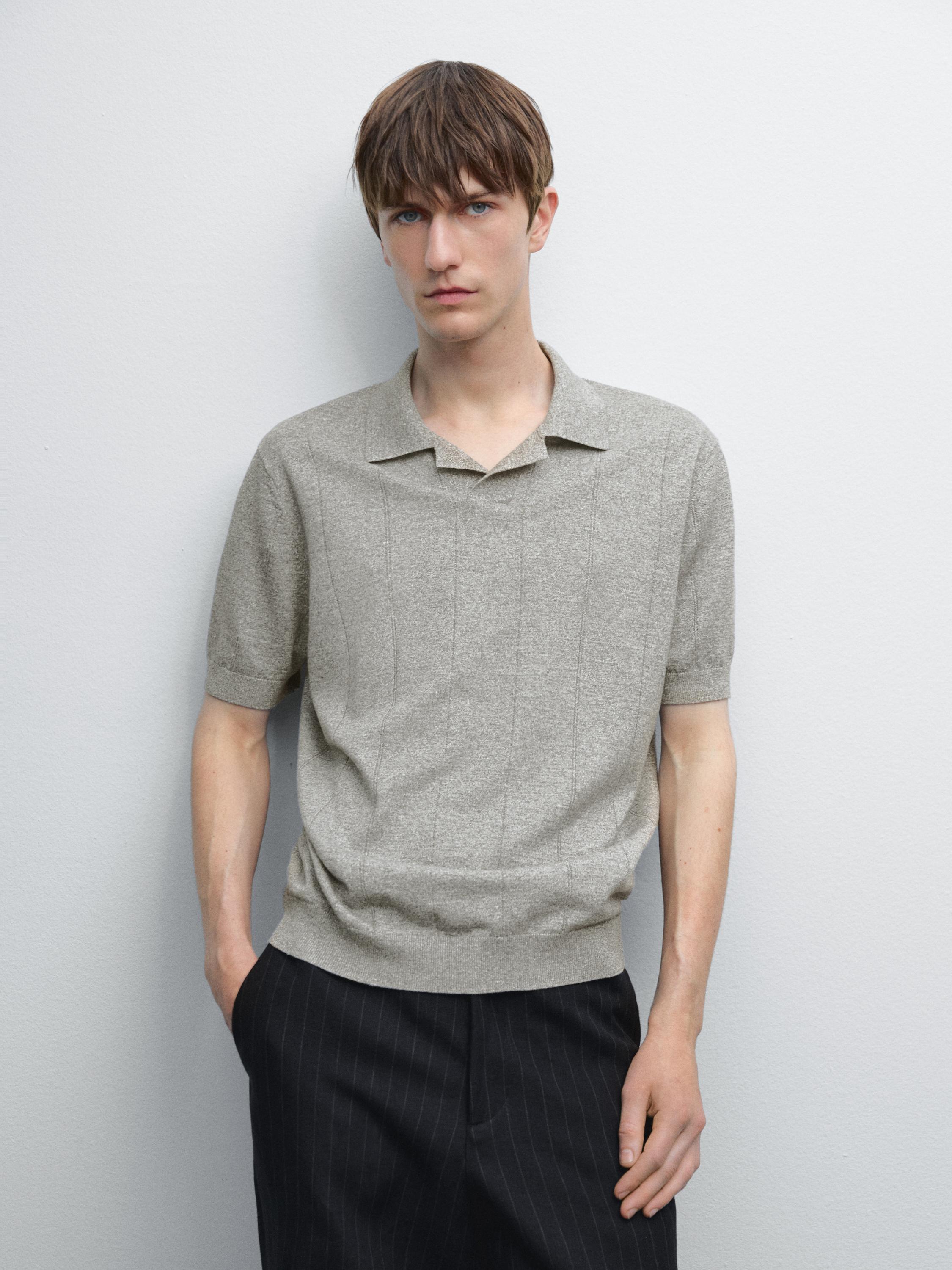 Striped linen blend knit polo shirt