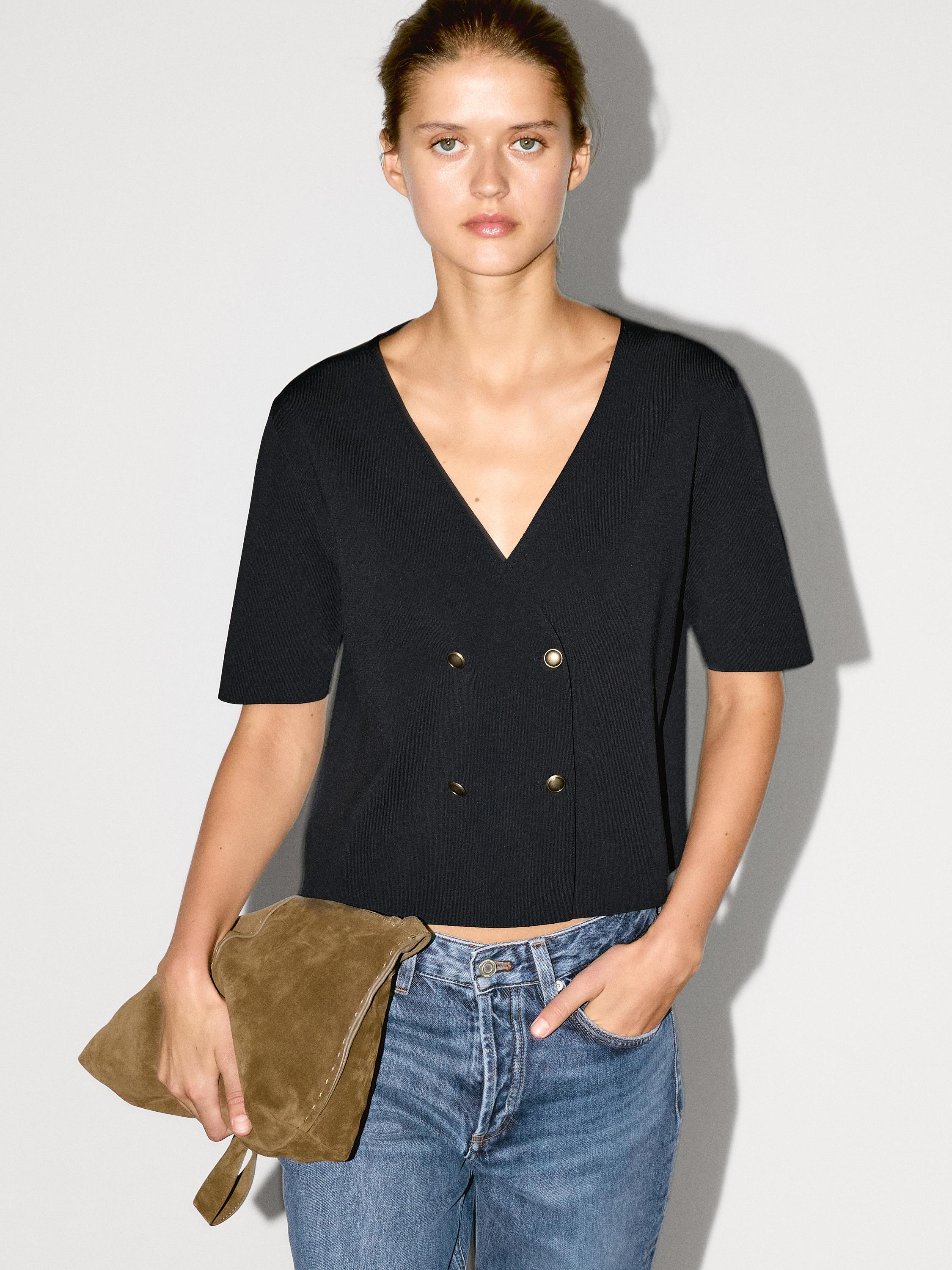 Short sleeve V-neck cardigan · น้ำเงินเข้ม · Three-quarter-length Coats ...