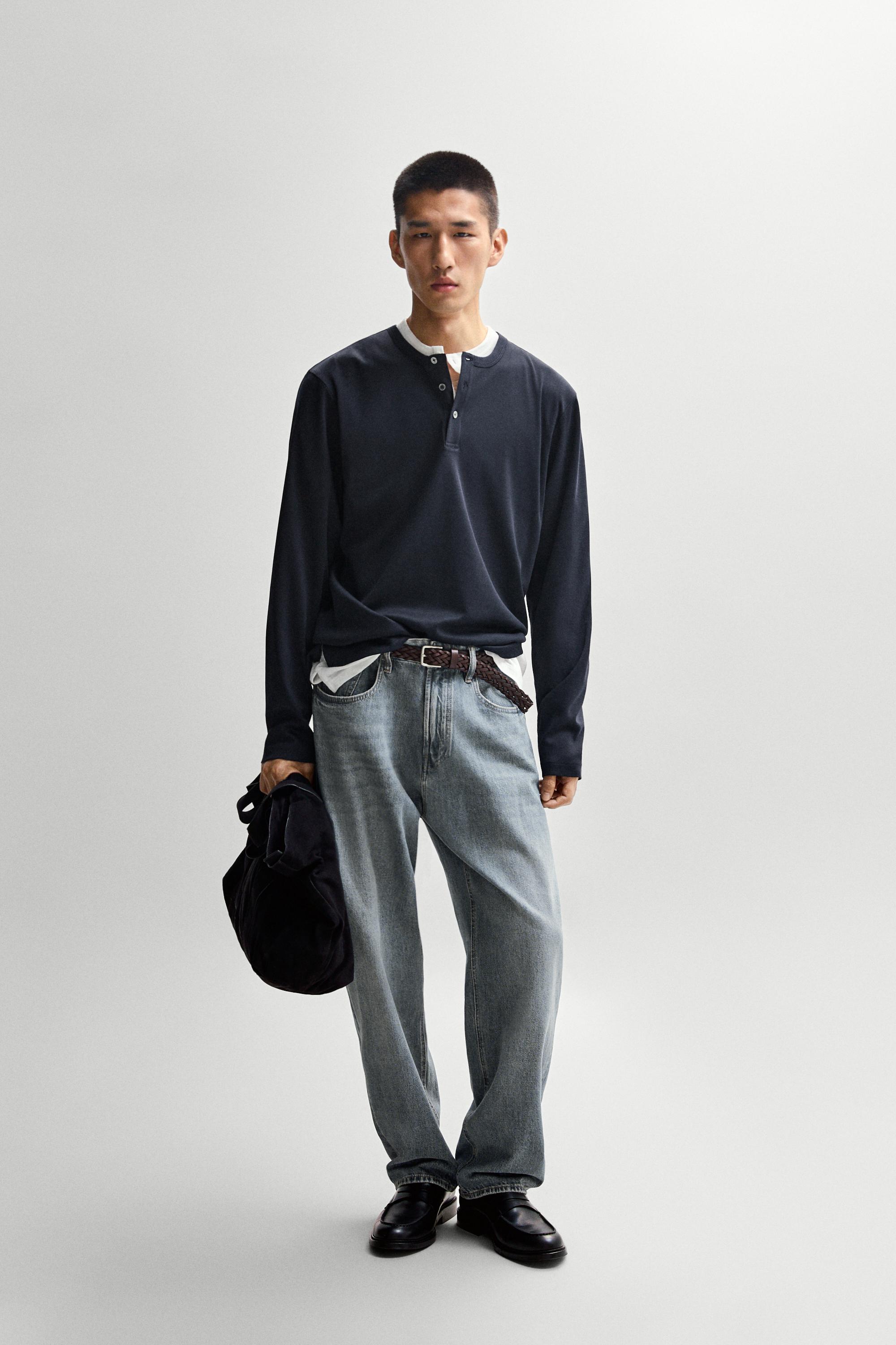 100% cotton long sleeve henley T-shirt — NAVY BLUE