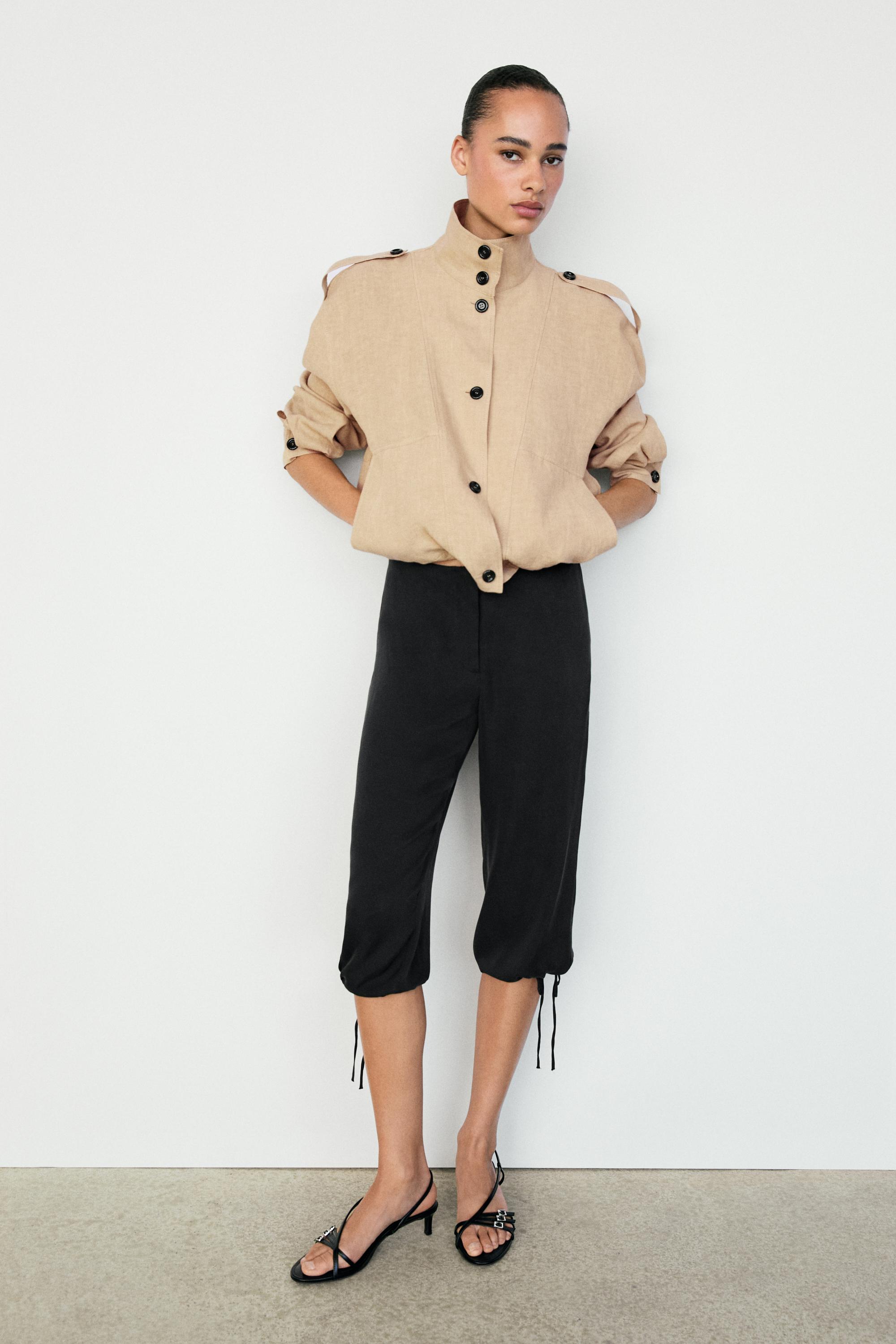 Silk blend tie-hem capri pants — BLACK