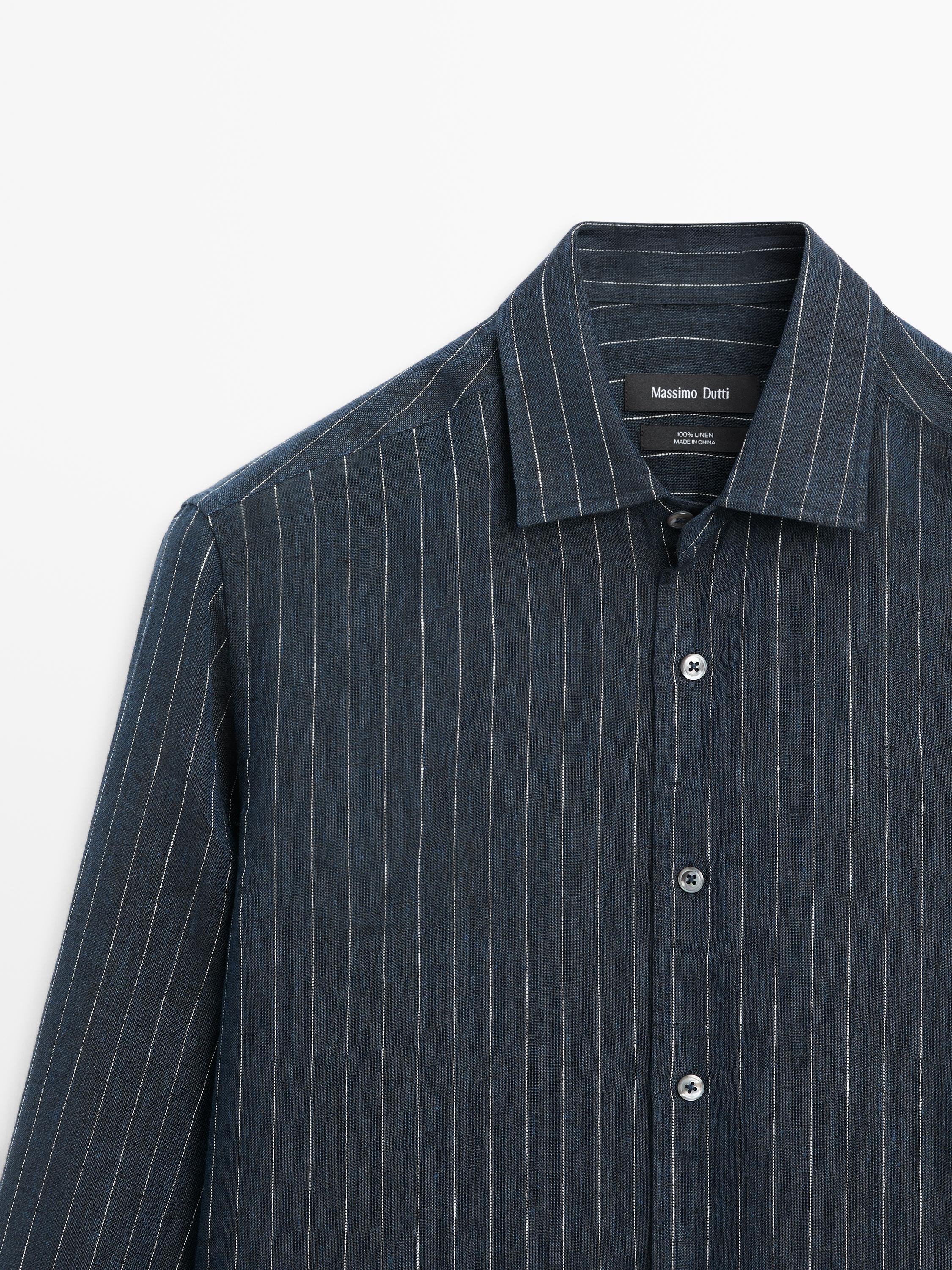 Regular fit striped linen shirt — NAVY BLUE