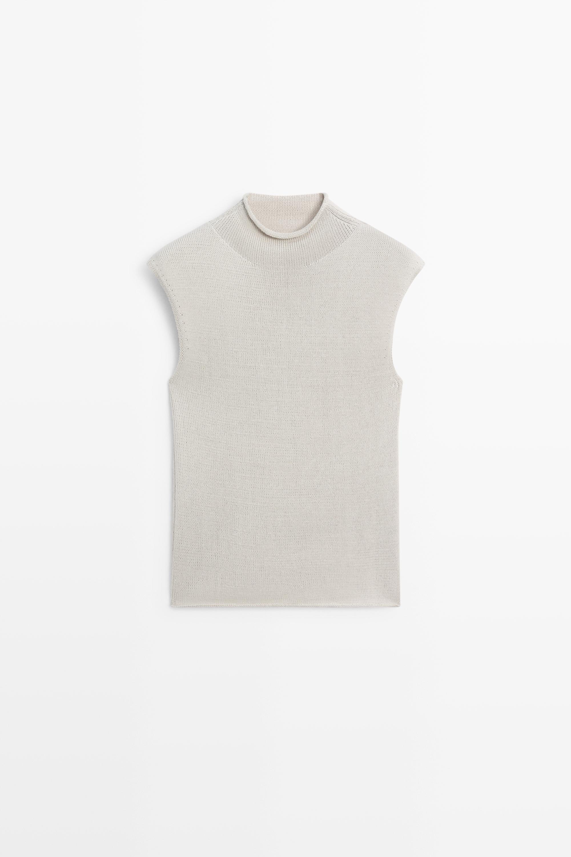 Cotton blend high neck knit top — STONE