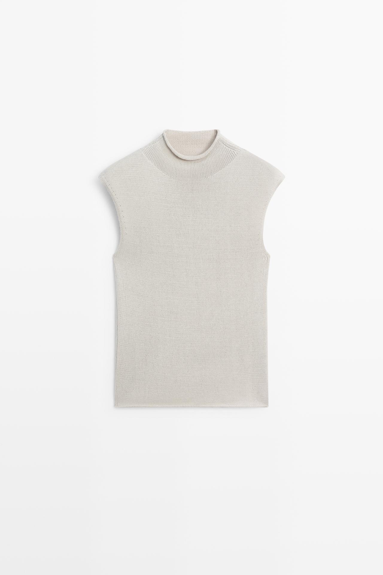 Cotton blend high neck knit top — STONE
