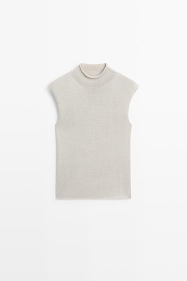 Cotton blend high neck knit top — STONE 2