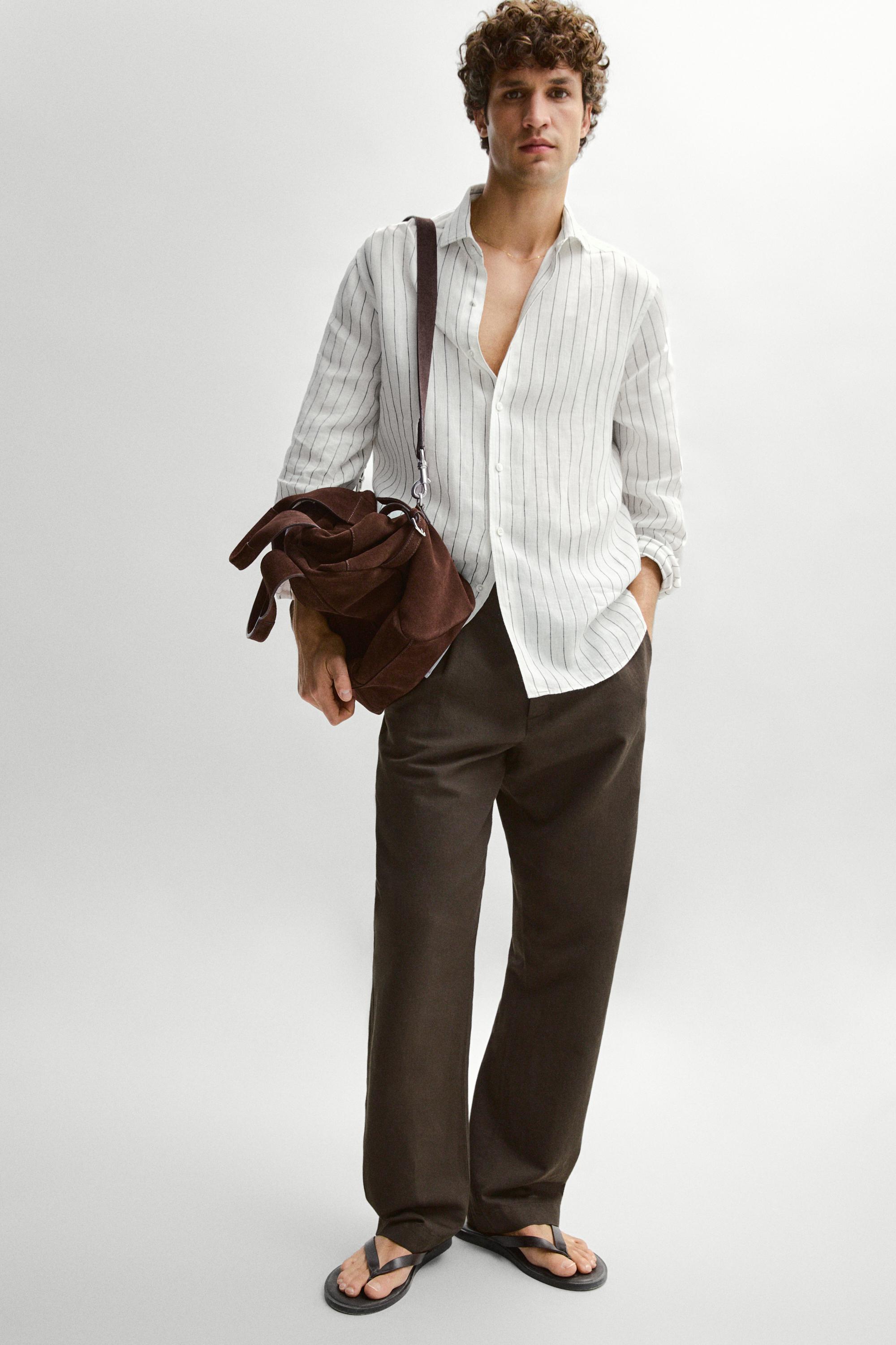 100% linen slim fit striped shirt — Off white