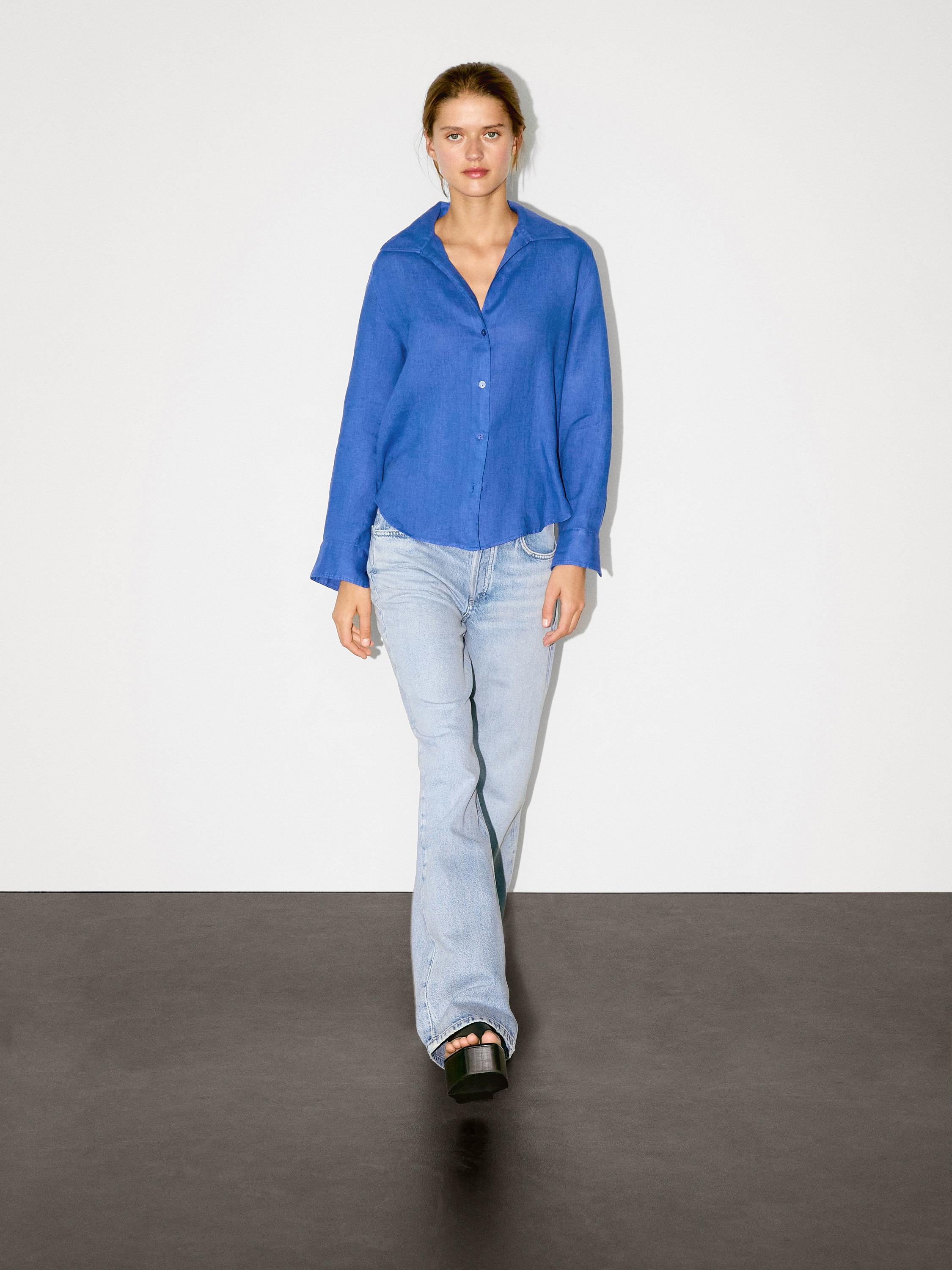 قميص كتان 100% بياقة مفتوحة