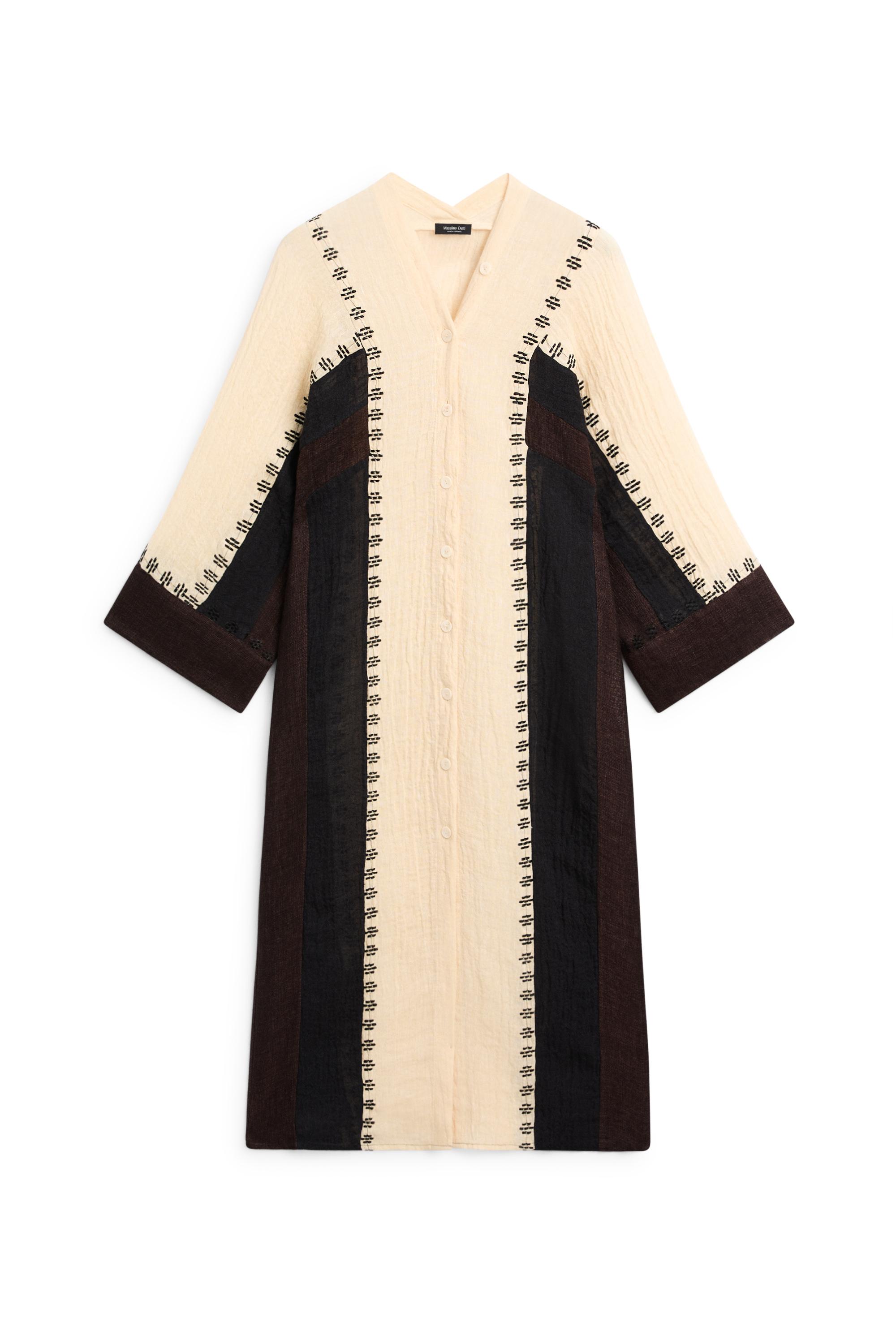 Linen blend embroidered kaftan dress — BROWN