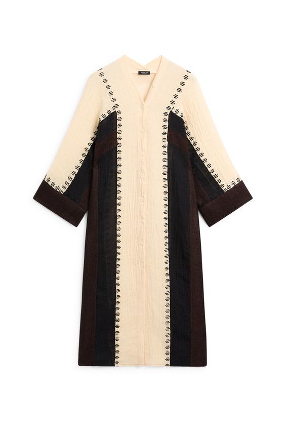 İşlemeli keten karışımlı kaftan elbise