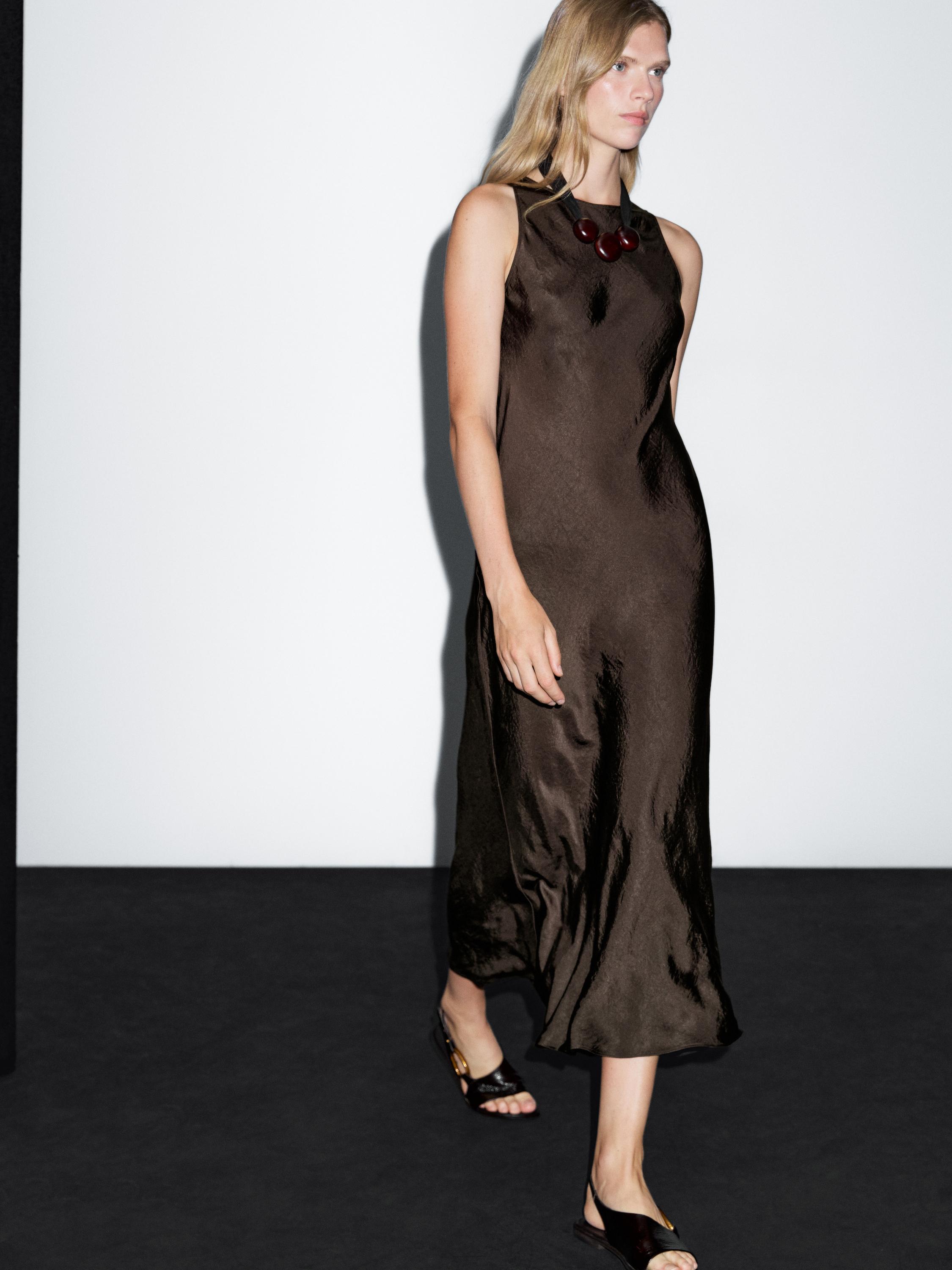 Long satin halter neck dress