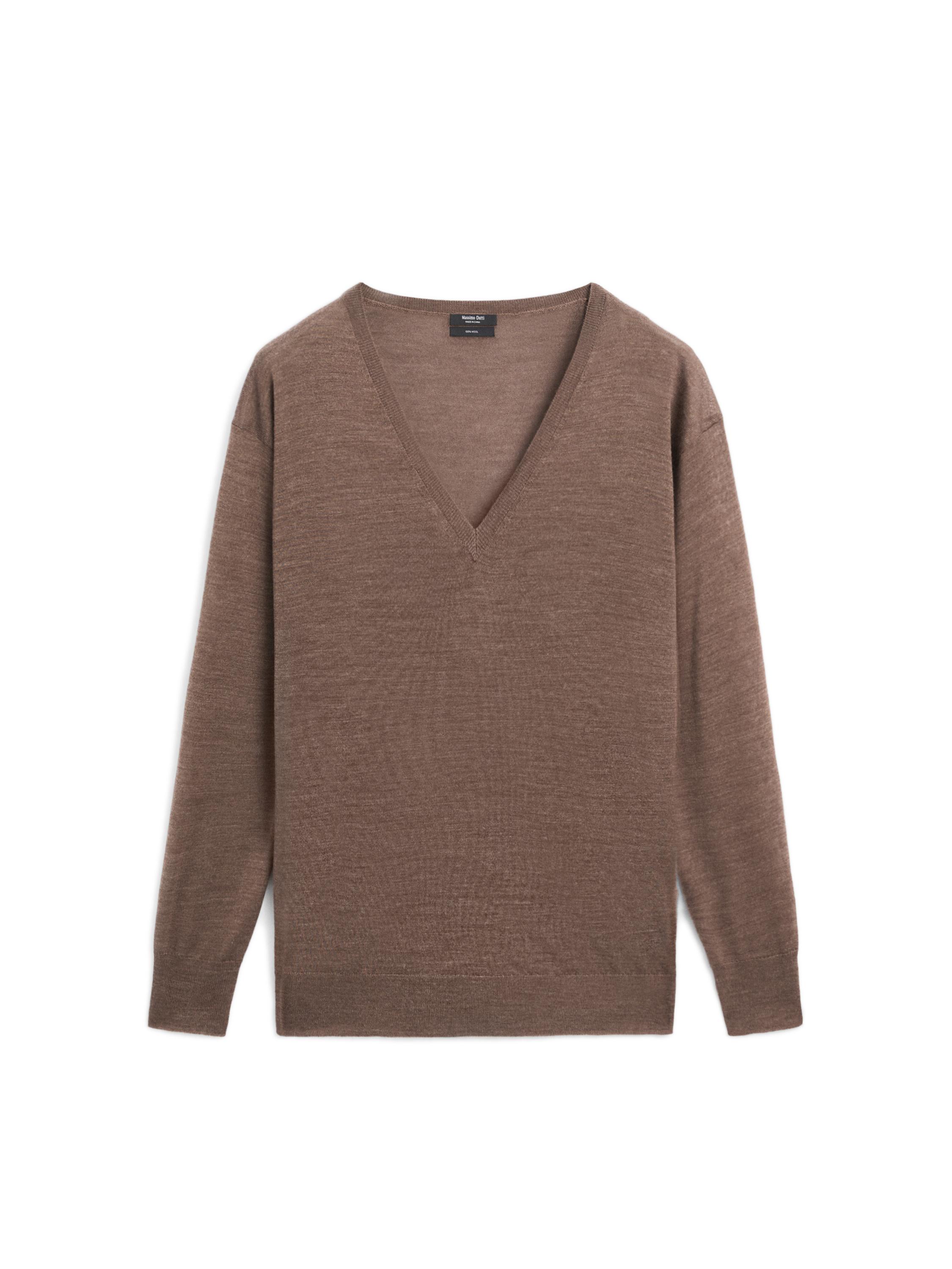 100% wool V-neck knit sweater — BROWN