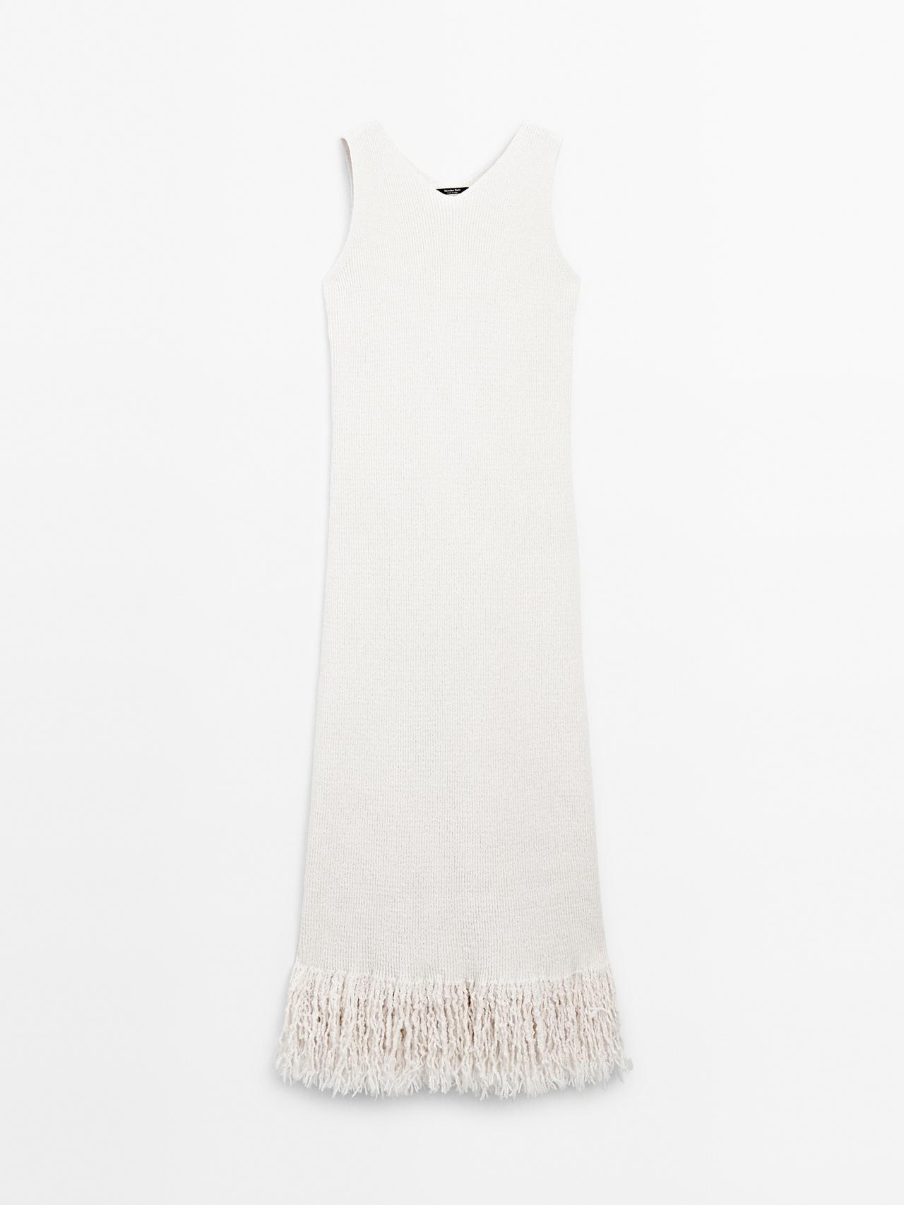 Massimo Dutti - Dame - Strikket Kjole Med Frynset Kant Forneden - Råhvid - M