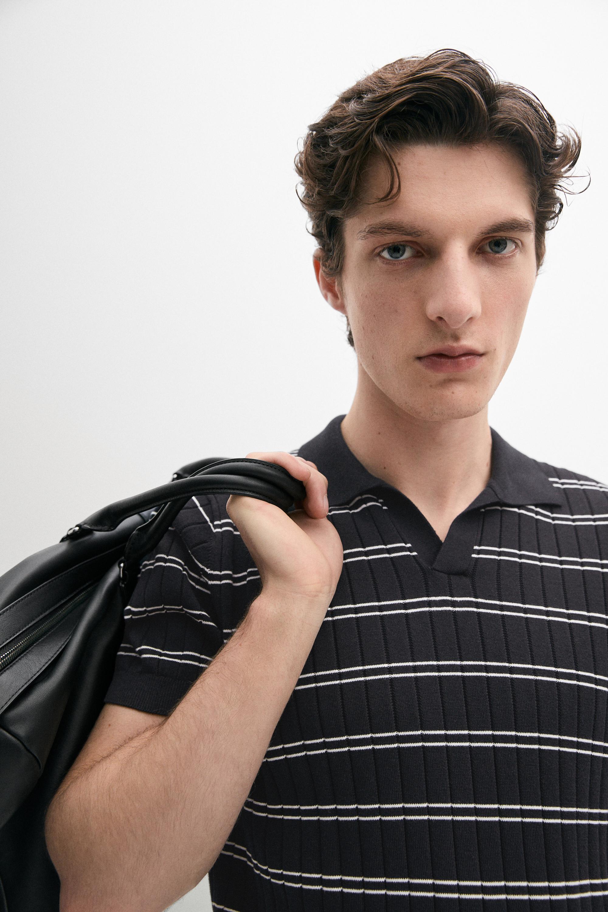 Striped cotton knit polo shirt — NAVY BLUE