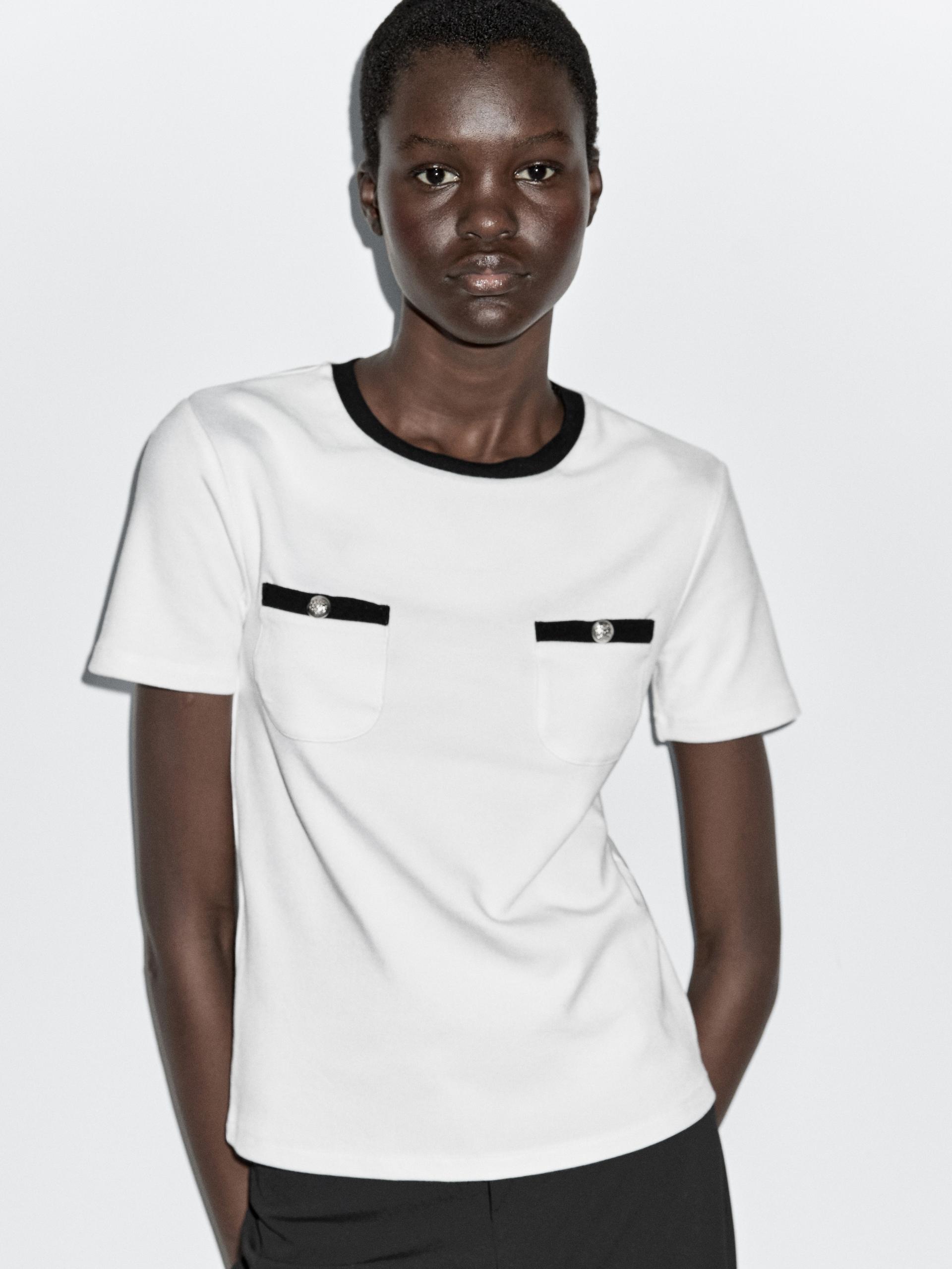 T-Shirt Manches Courtes Poches Fantaisie - Blanc - Xs - Massimo Dutti - Femme