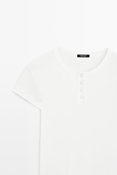 100% cotton short sleeve henley T-shirt — WHITE 7
