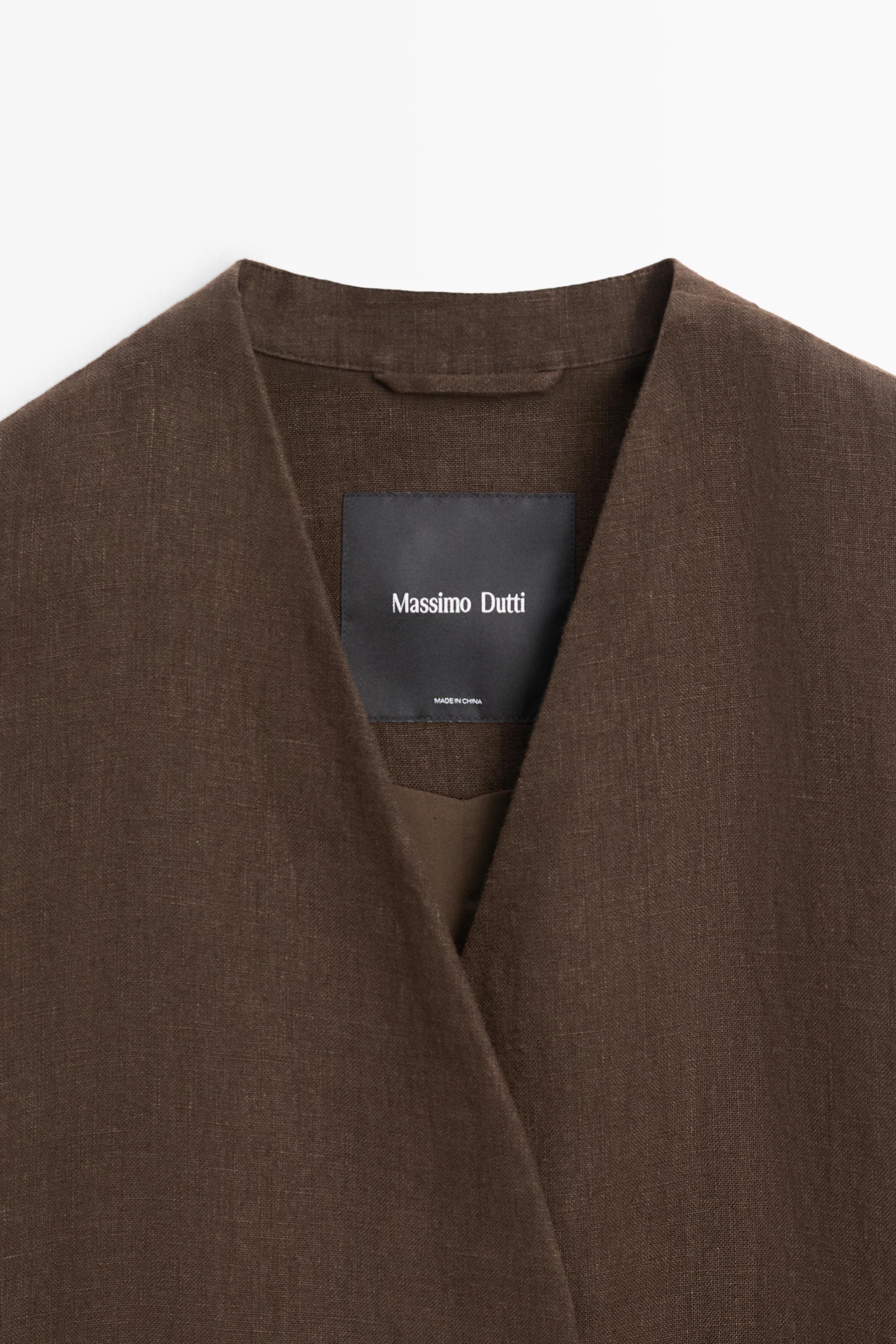 100% linen double-breasted coat with no collar — BROWN