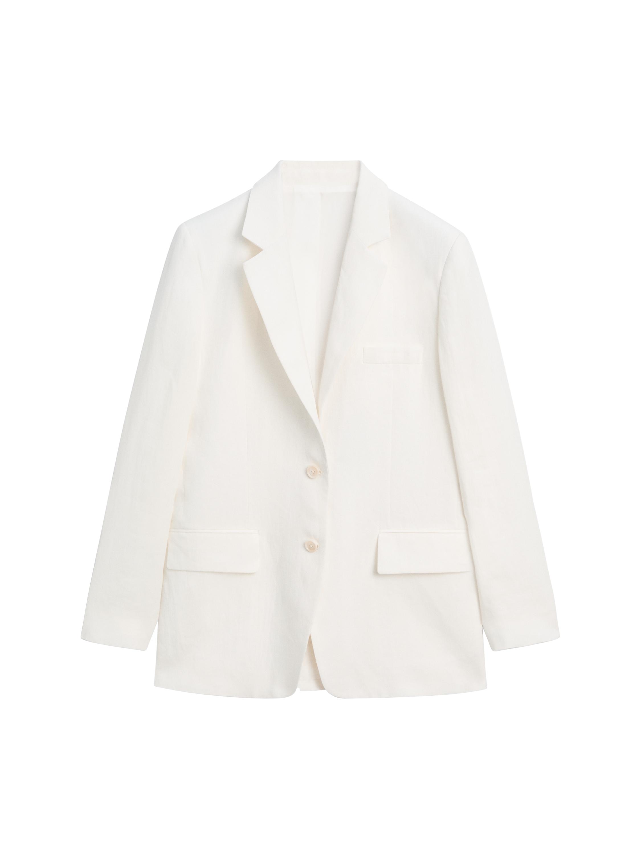 Front view of an blazer with notched lapels, two-button closure, and front flap pockets.