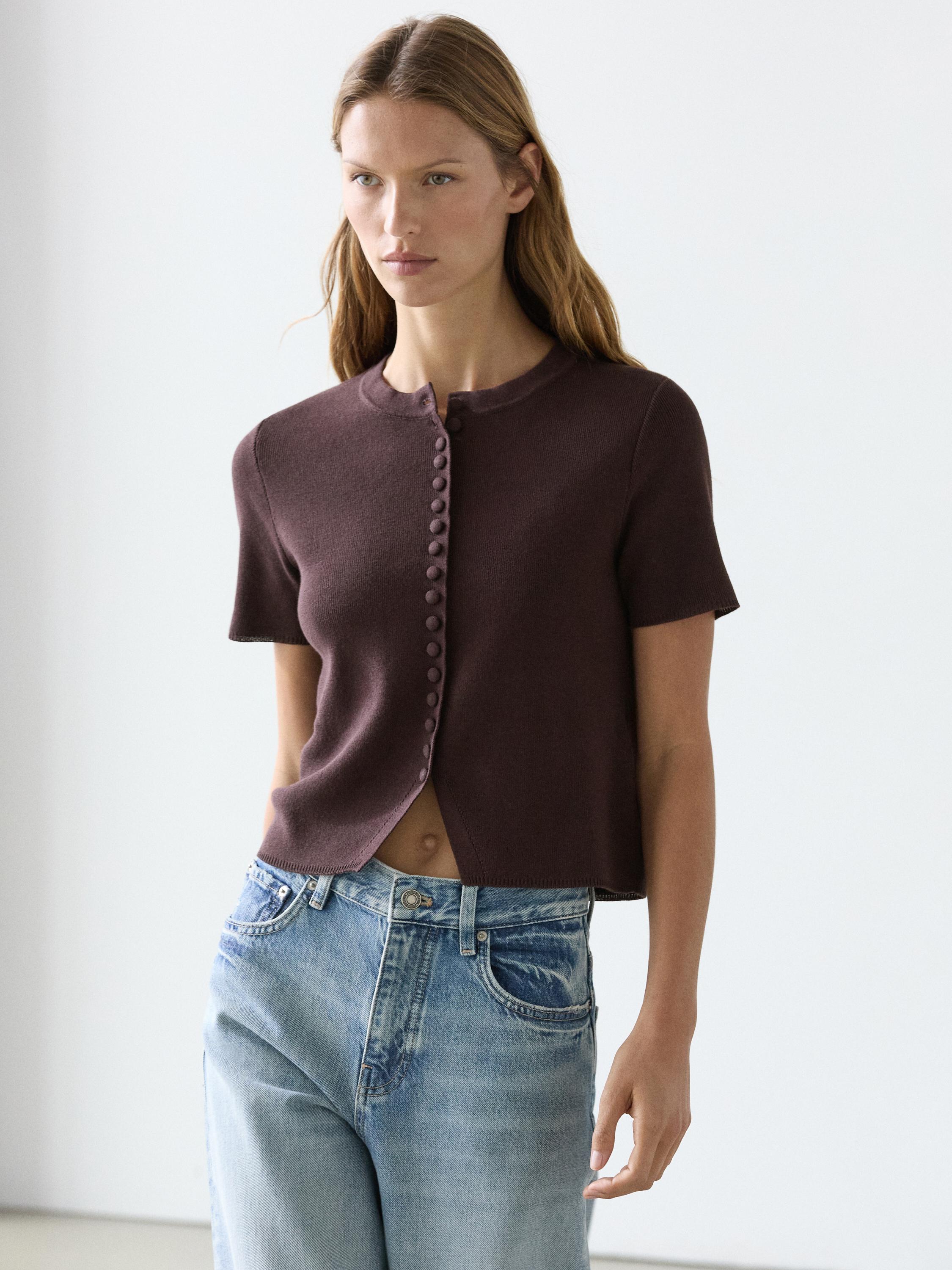 Cotton short sleeve knit cardigan — BROWN