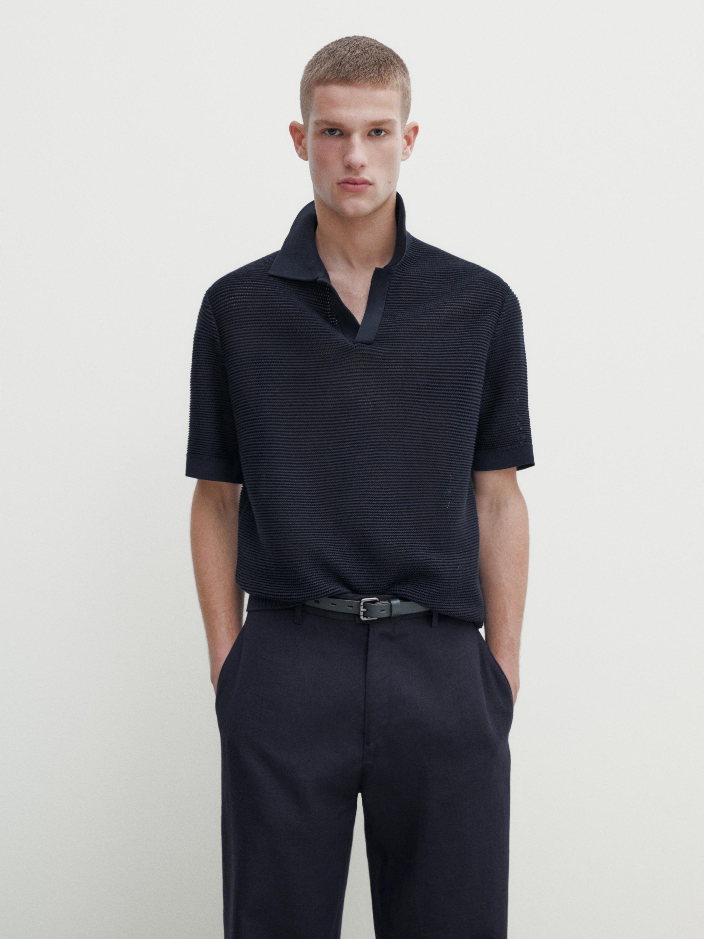 Short sleeve textured knit polo shirt