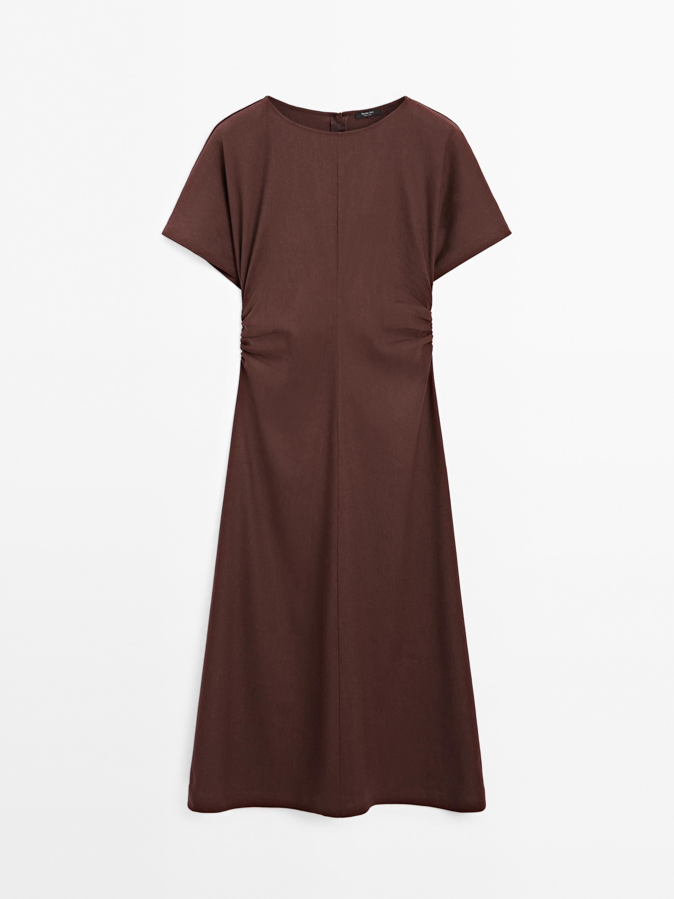 Gathered linen blend midi dress