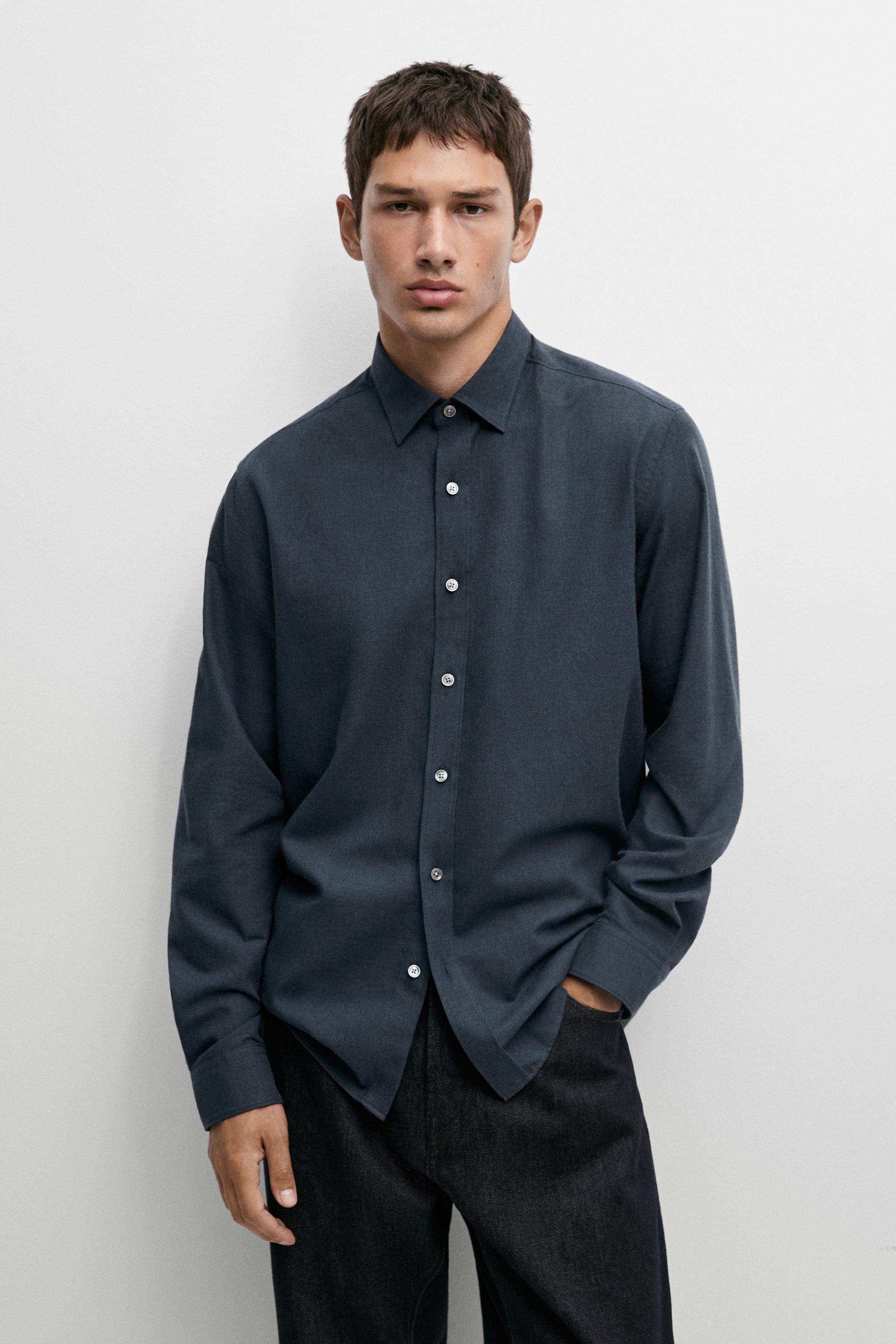 100% cotton melange twill regular fit shirt — NAVY BLUE