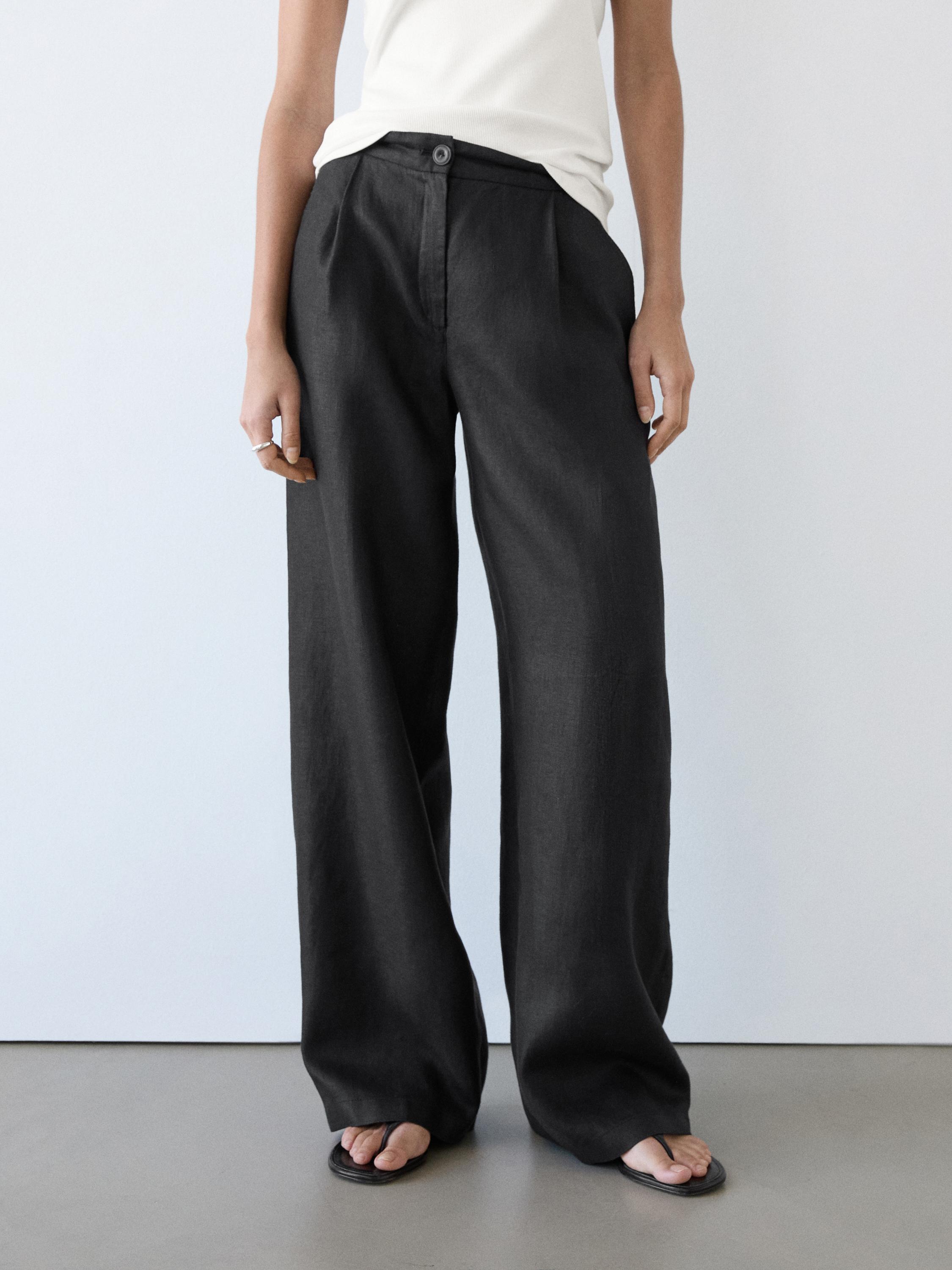 100% linen wide-leg elasticated trousers — BLACK