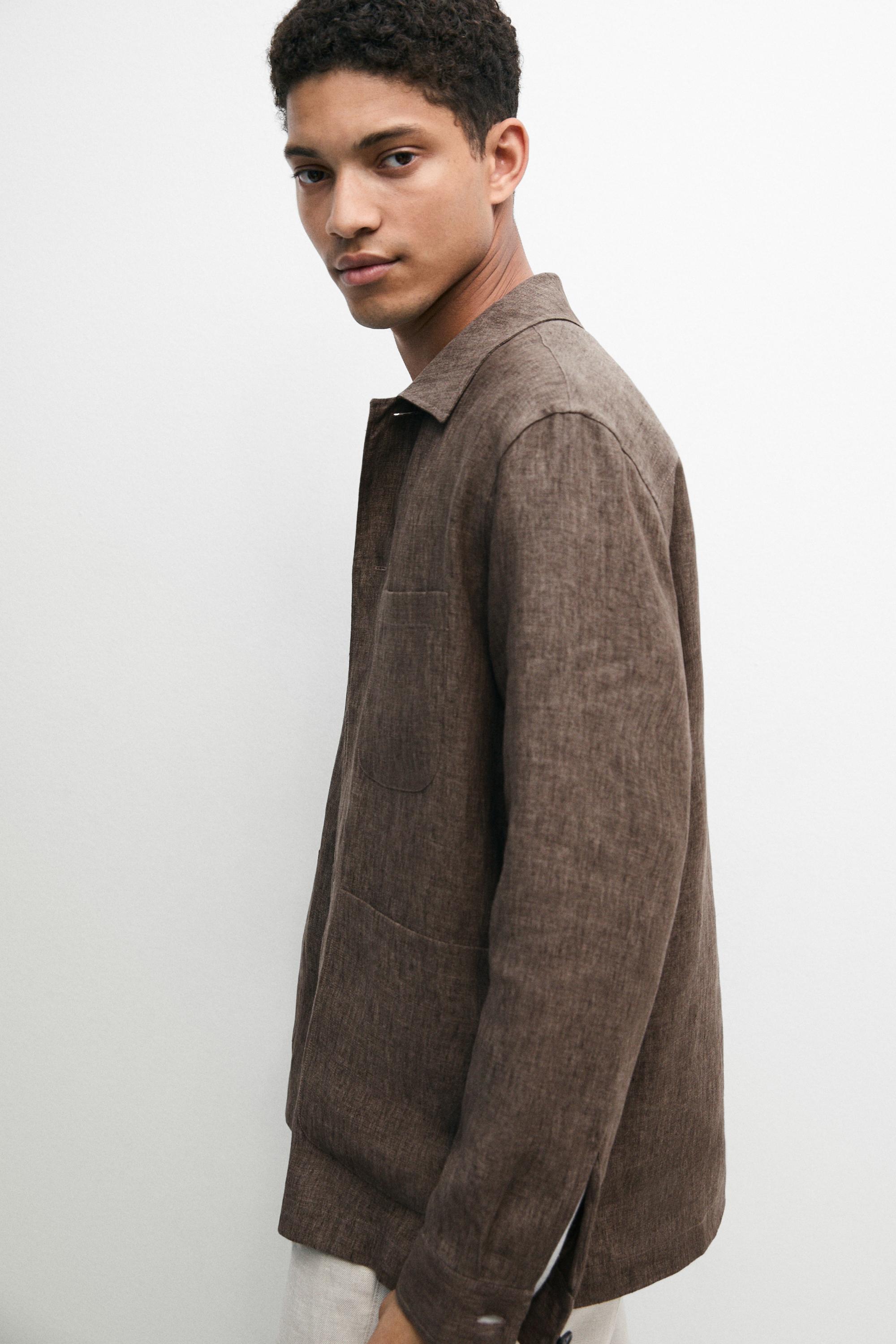 Faded linen overshirt with pocket details — BROWN