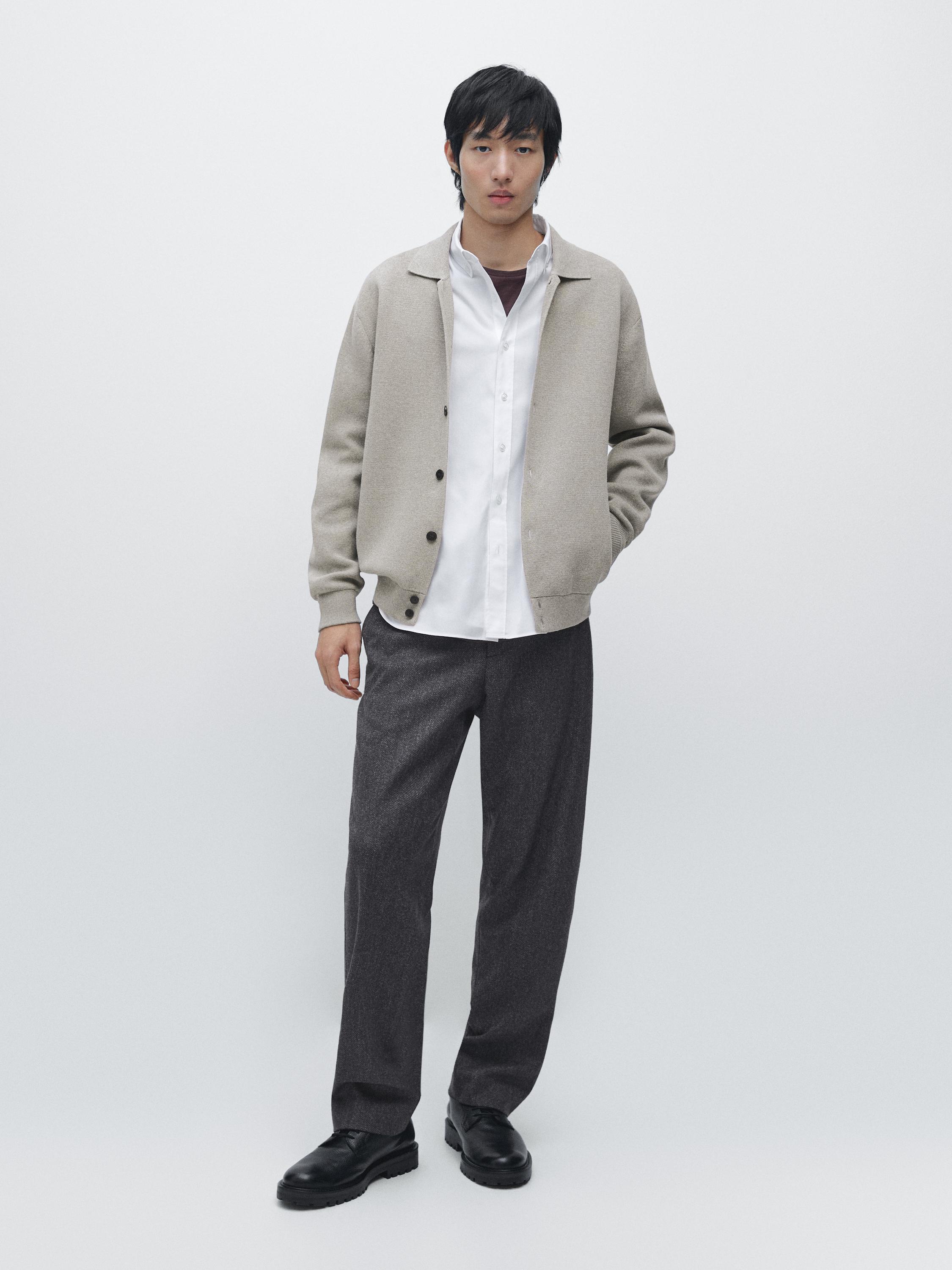 100% cotton knit cardigan with polo collar — APPLE GREEN