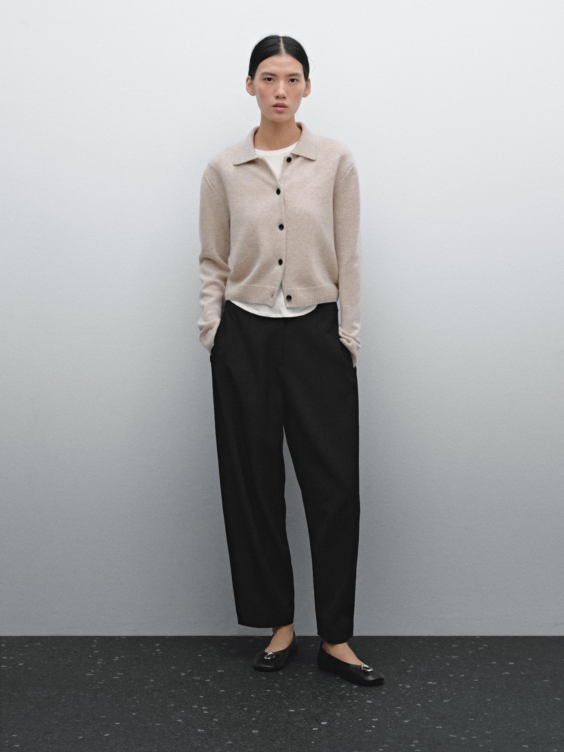 Cardigan Com Gola De Lapela Em Mistura De Fazenda - Bege - L - Massimo Dutti - Mulher