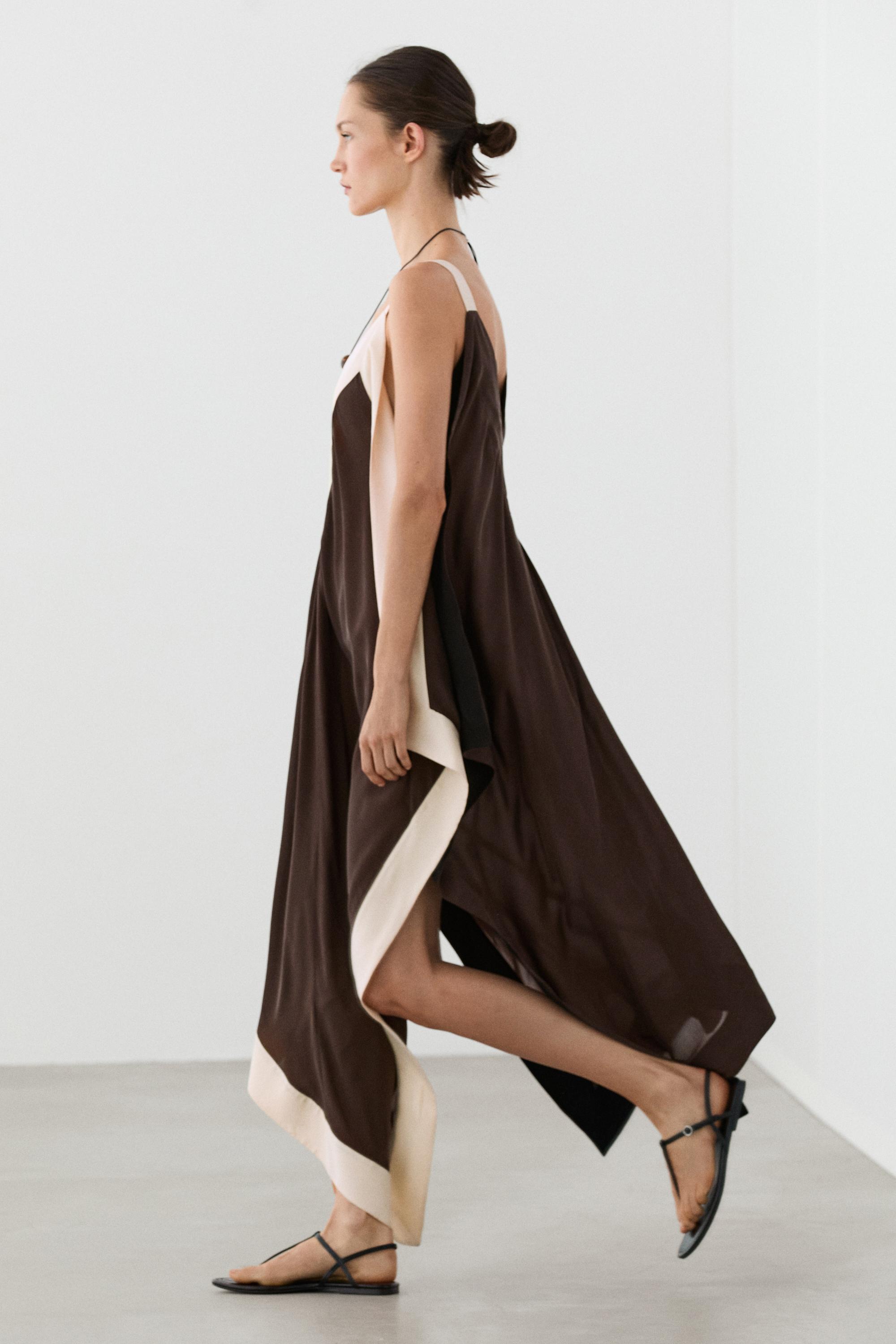 Flowing midi dress with contrast trim detail Brown Dress | Massimo Dutti Flowing midi dress with contrast trim detail Brown Dress | Massimo Dutti