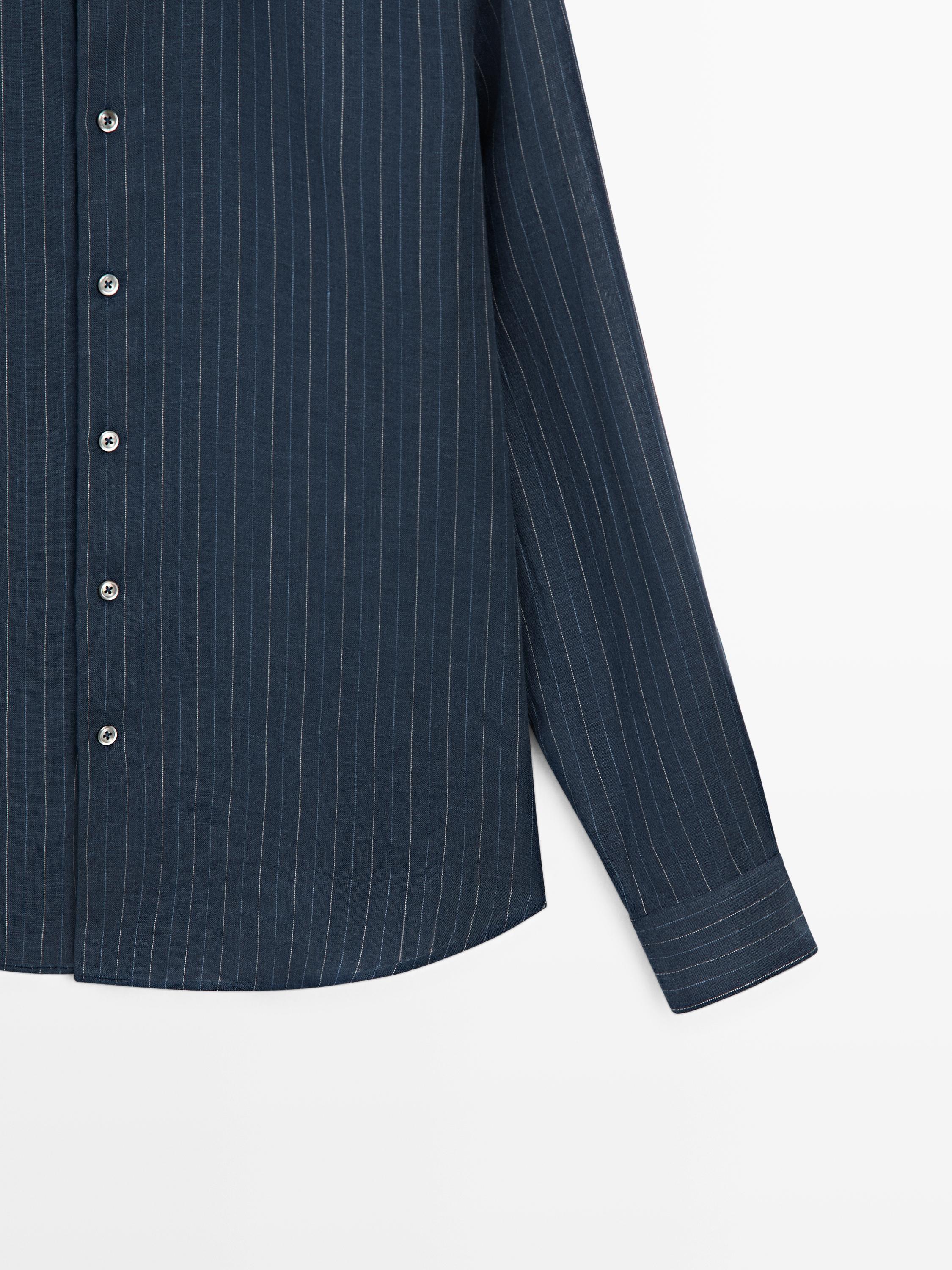 100% linen regular fit striped shirt — NAVY BLUE