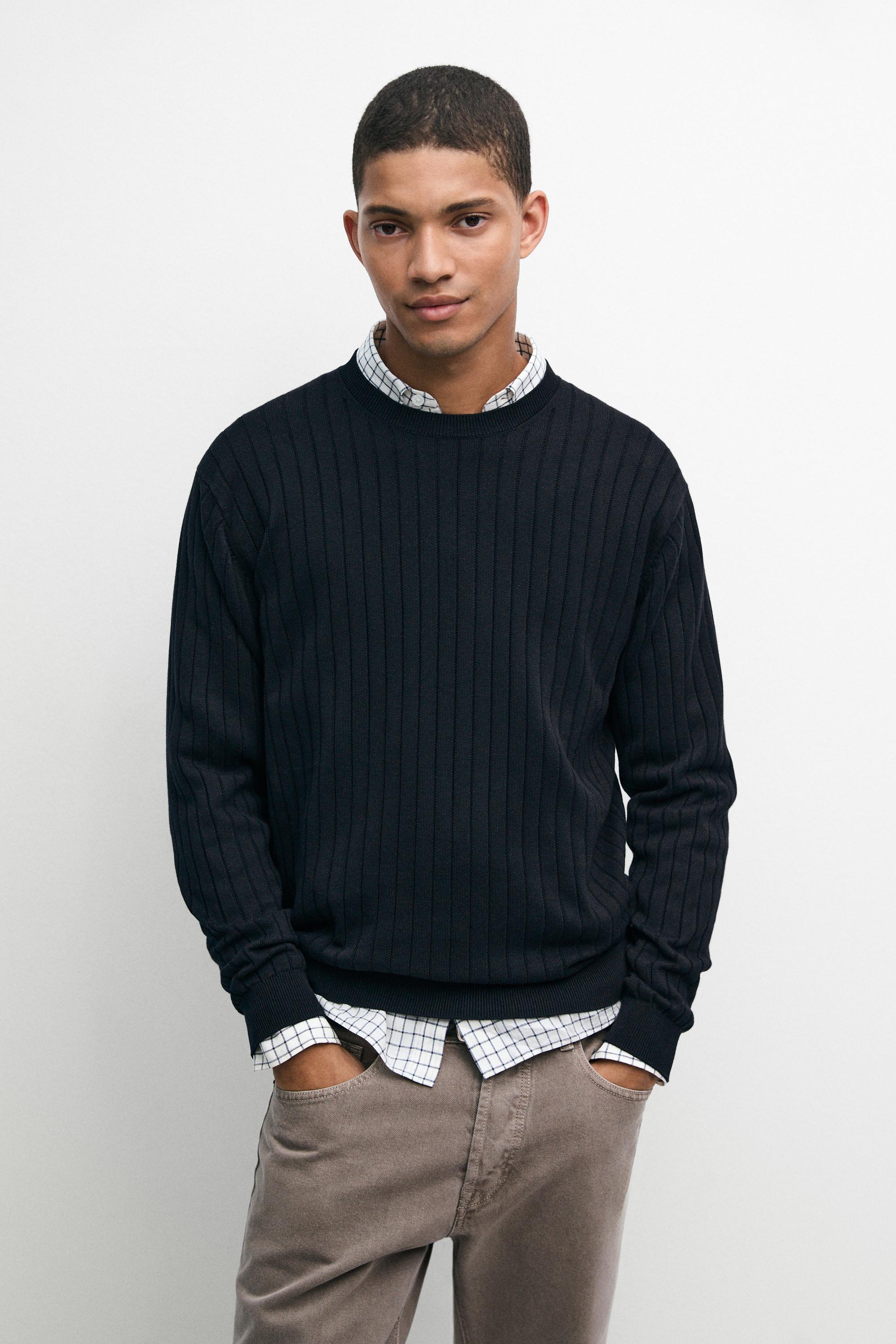 100% cotton ribbed knit sweater — NAVY BLUE