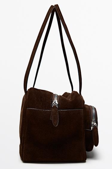 Medium split suede leather bowling bag — MINK 2