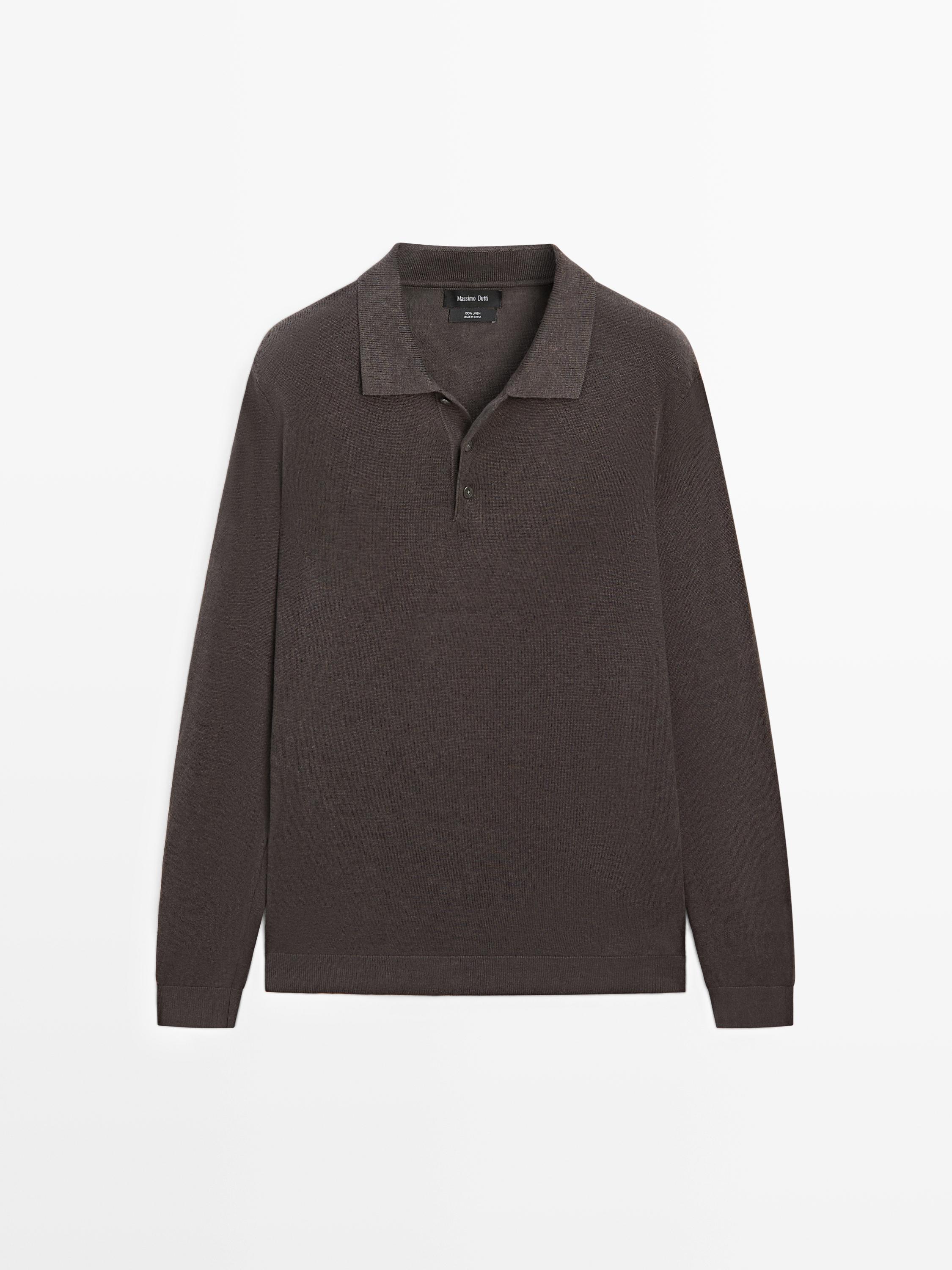 100% linen knit polo collar sweater — DARK BOTTLE GREEN