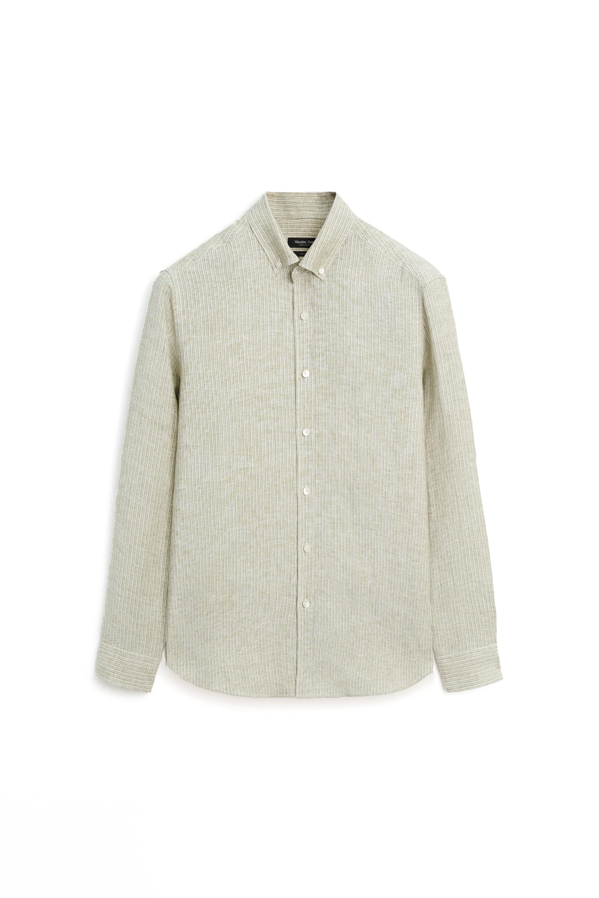 100% linen regular fit striped shirt — GREEN