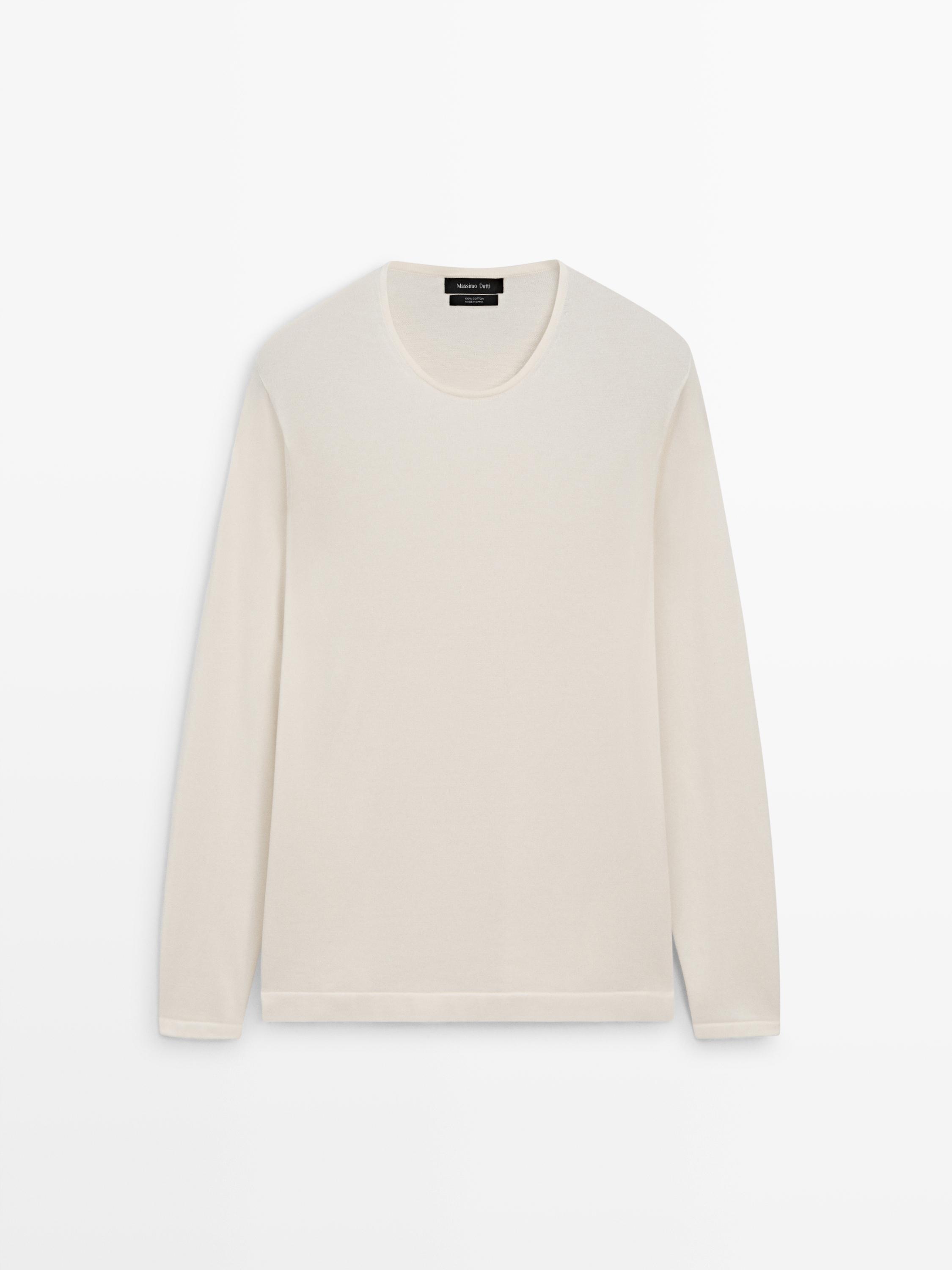 Knit 100% cotton crew neck sweater — OFF WHITE