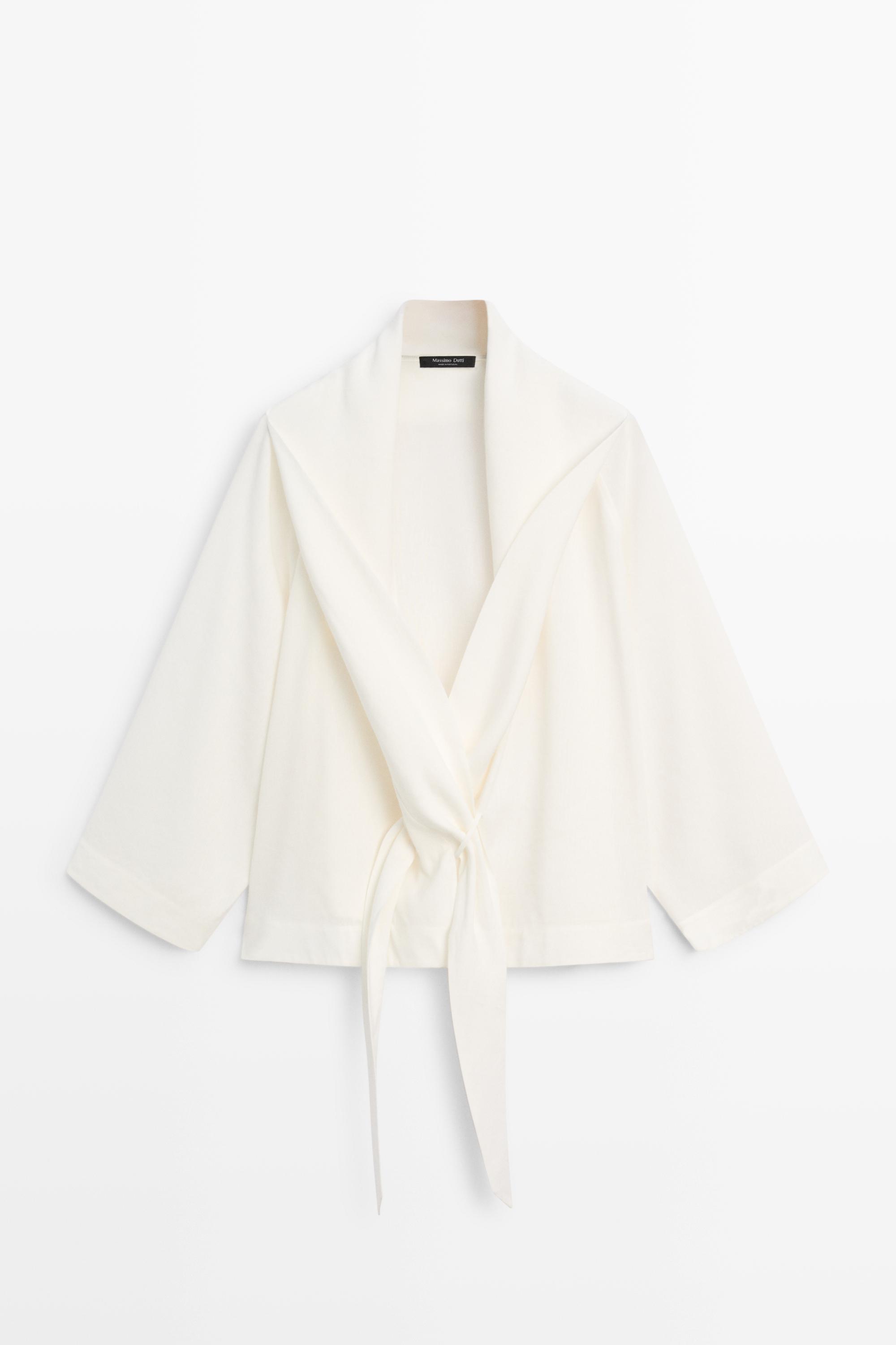 Flowing linen-blend shirt with tie detail — WHITE
