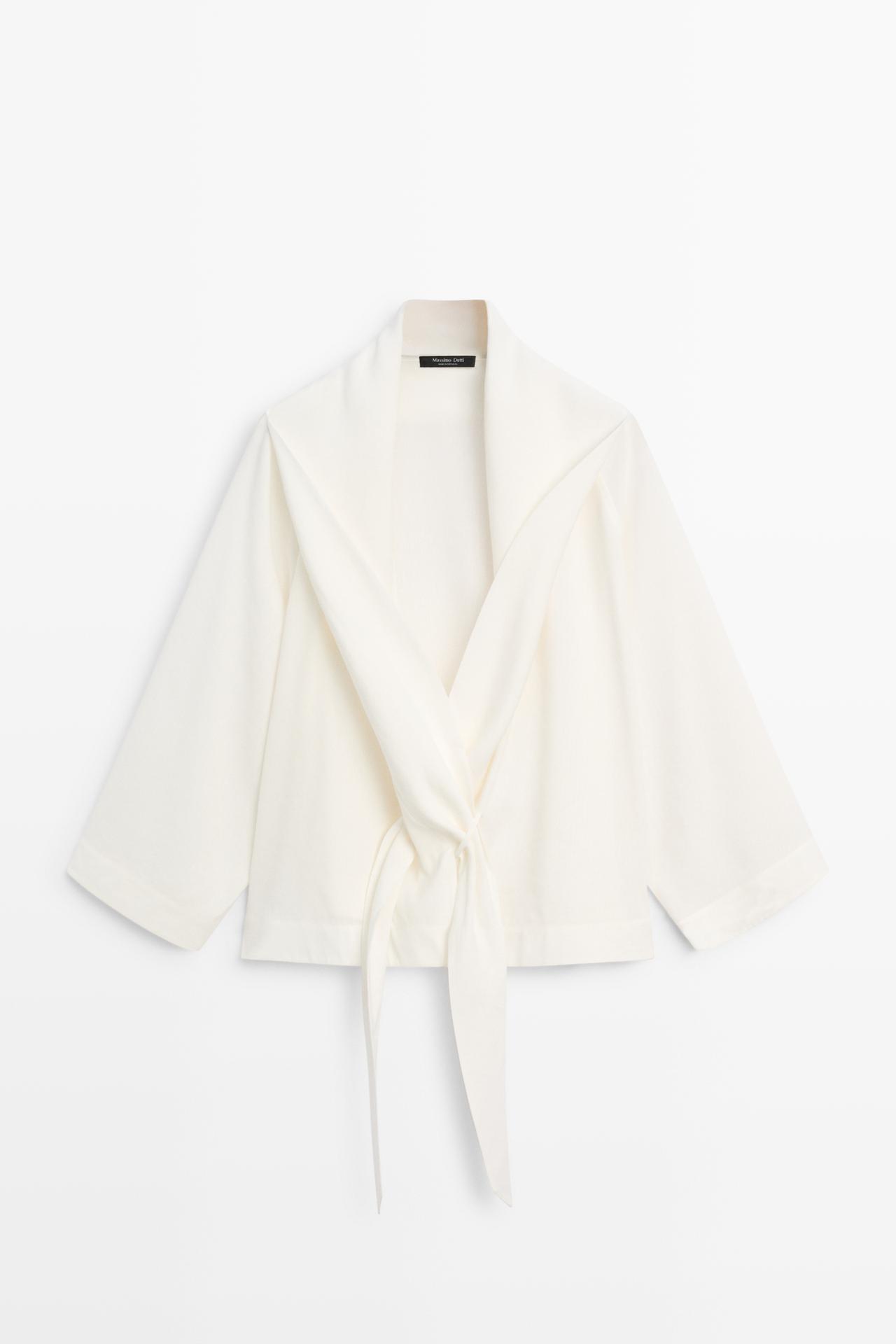 Flowing linen-blend shirt with tie detail — WHITE