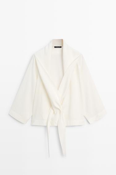 Flowing linen-blend shirt with tie detail — WHITE 2