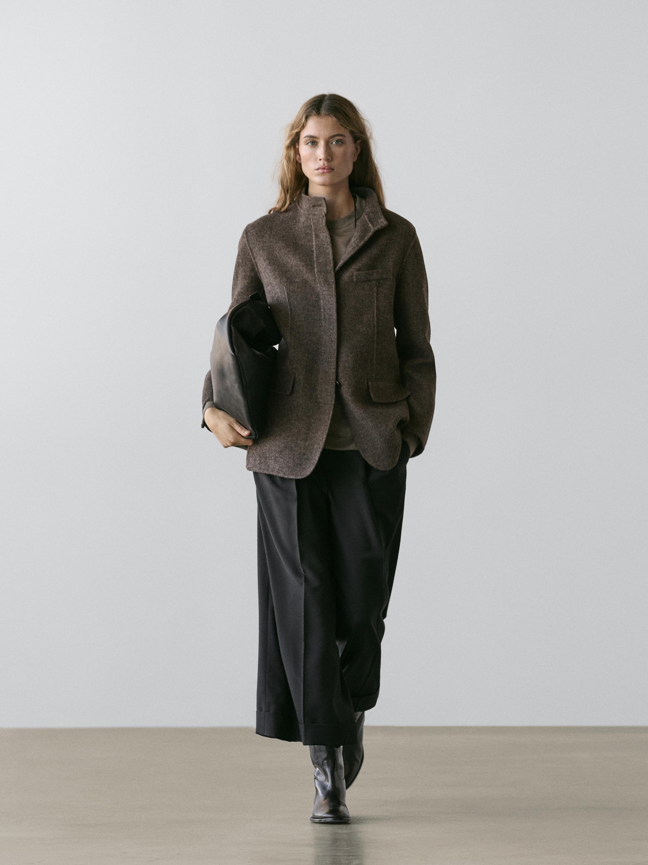 Wool blend twill coat with high collar