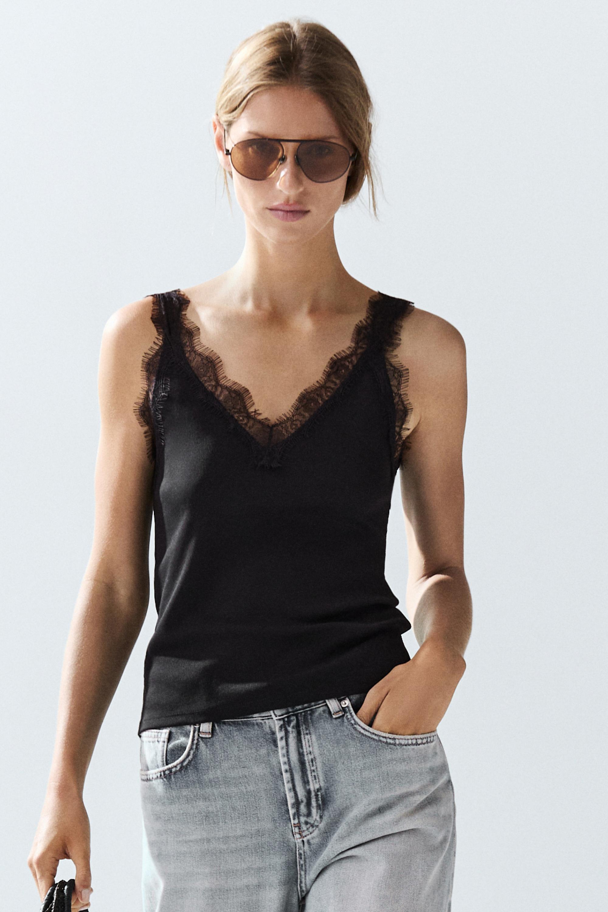 Strappy lace-trim top — BLACK