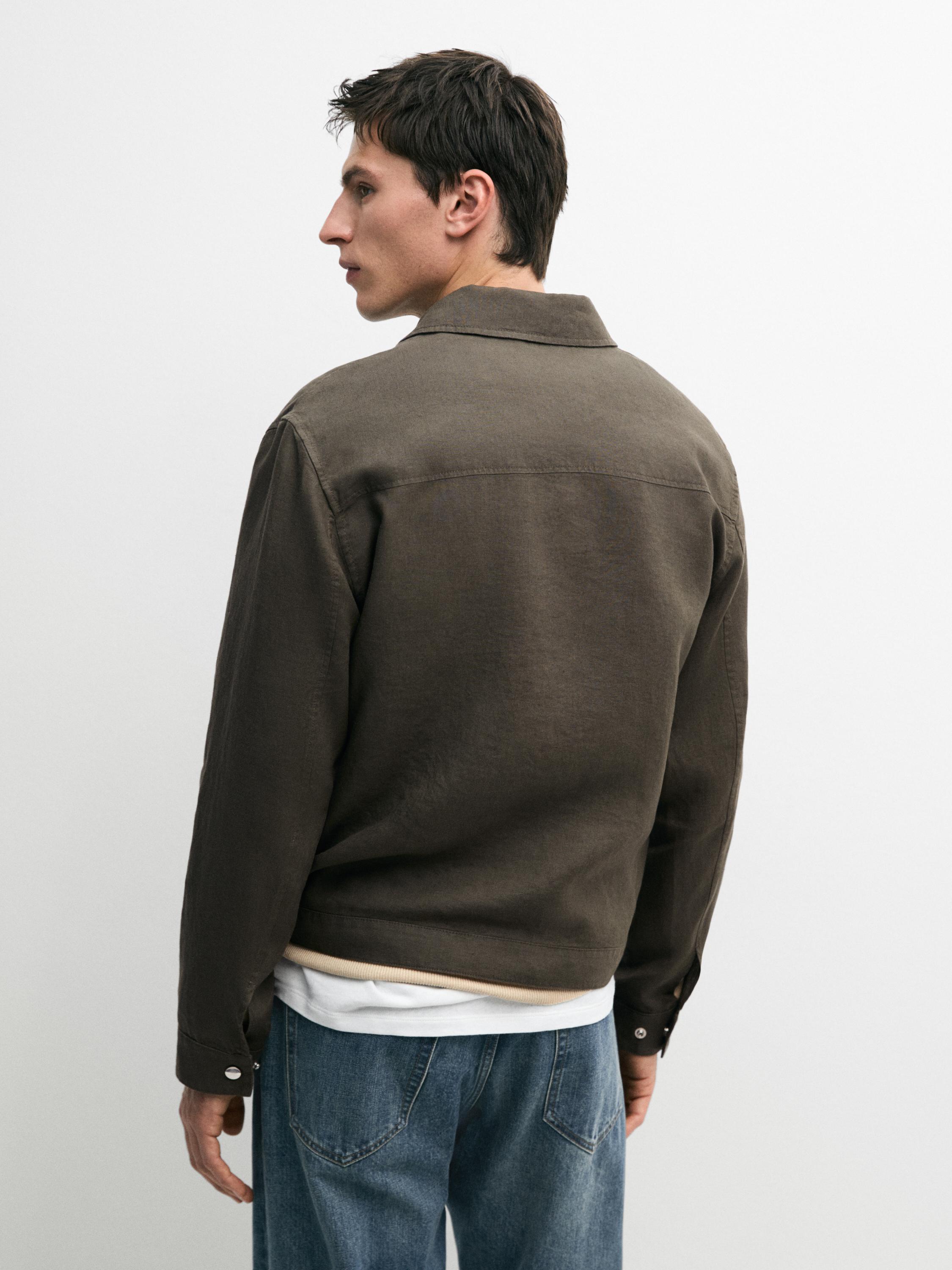 Cropped 100% linen jacket — KHAKI