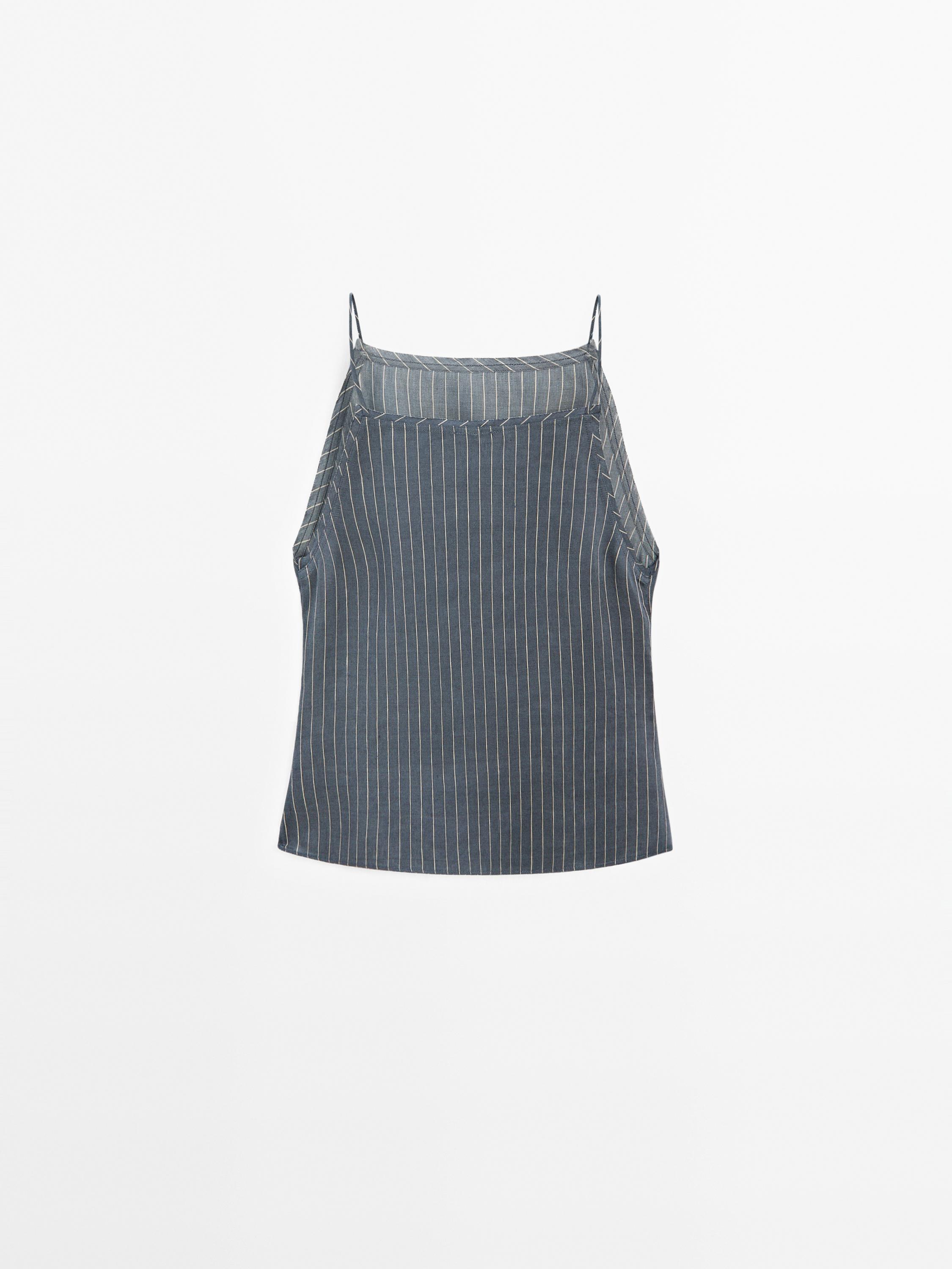 Top z mieszanki lnu w paski z dekoltem halter