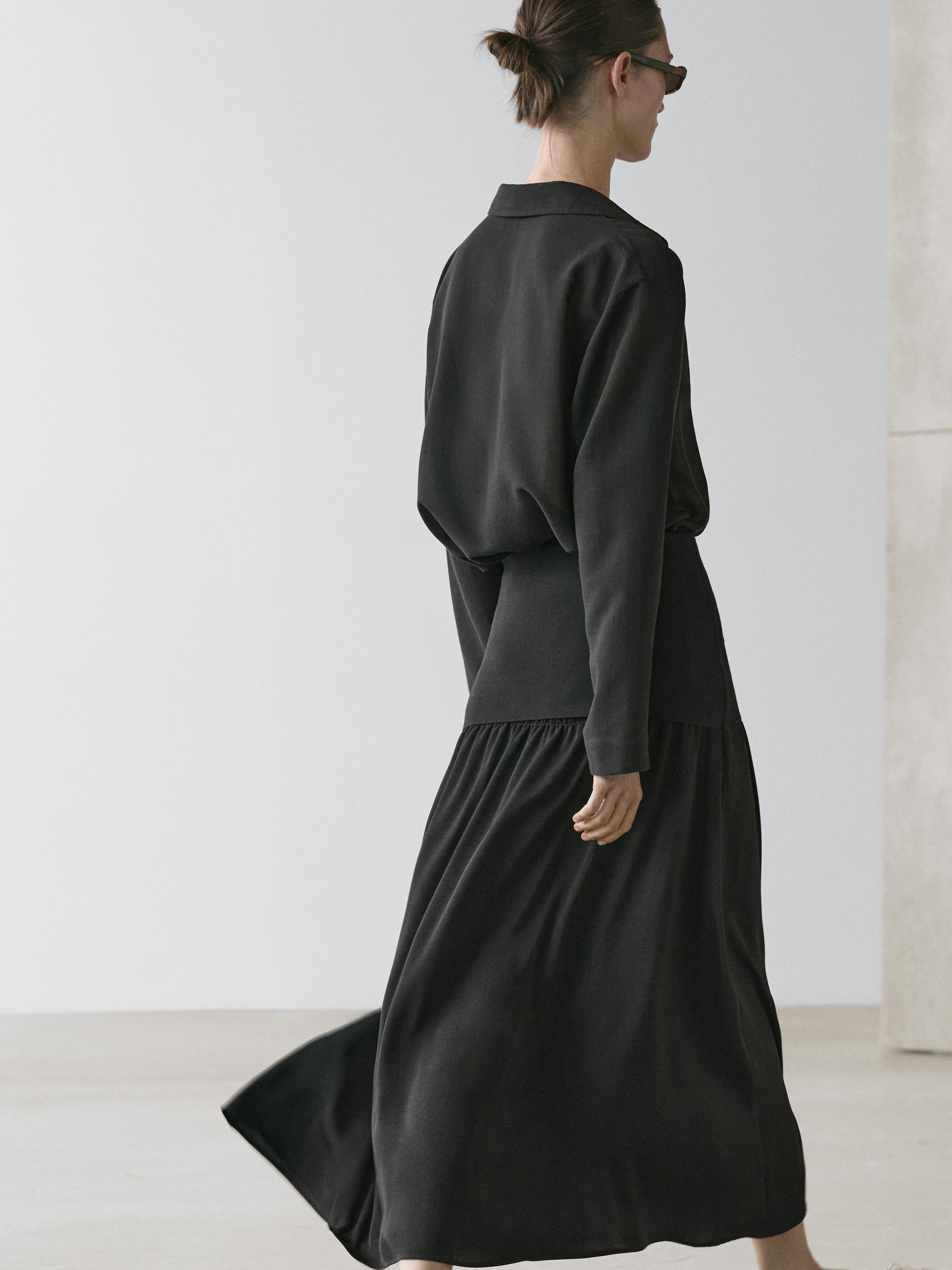Flowing contrast midi skirt — BLACK