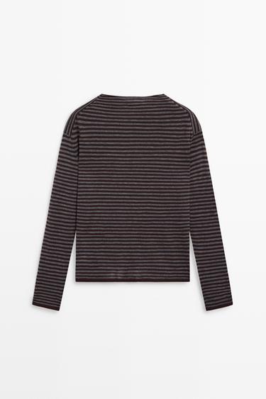 Striped knit sweater with mock turtleneck — MOLE BROWN 6