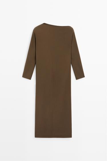 Fluid midi dress with asymmetrical neckline — BROWN 2