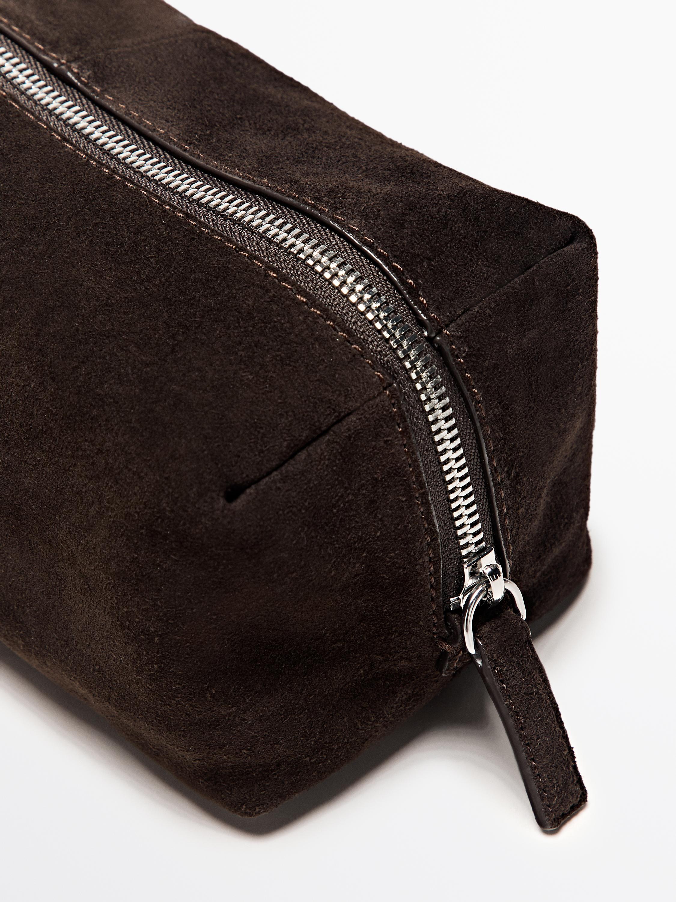 Suede leather toiletry bag with zip — BROWN