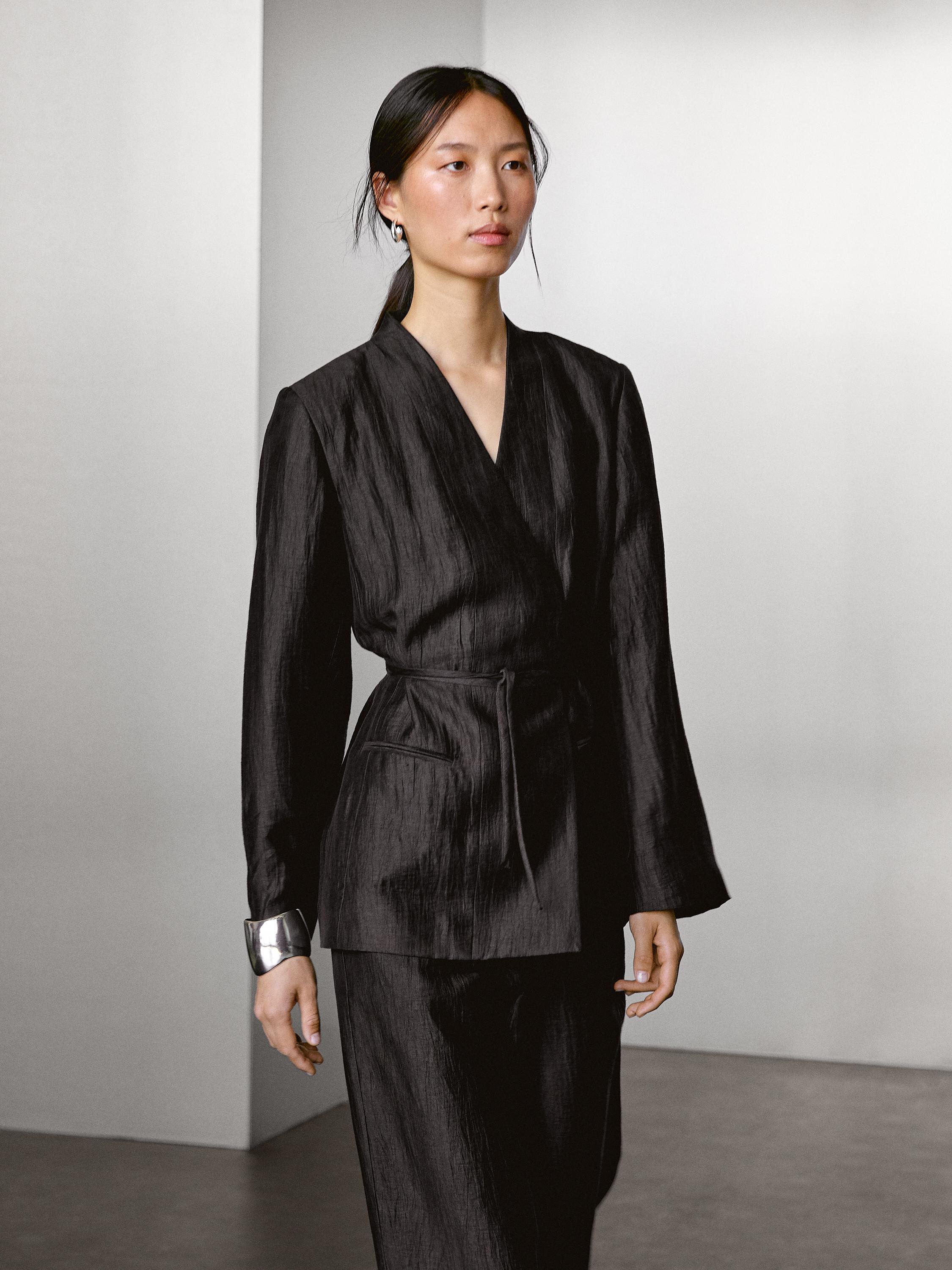 Kimono con allacciatura in misto lino